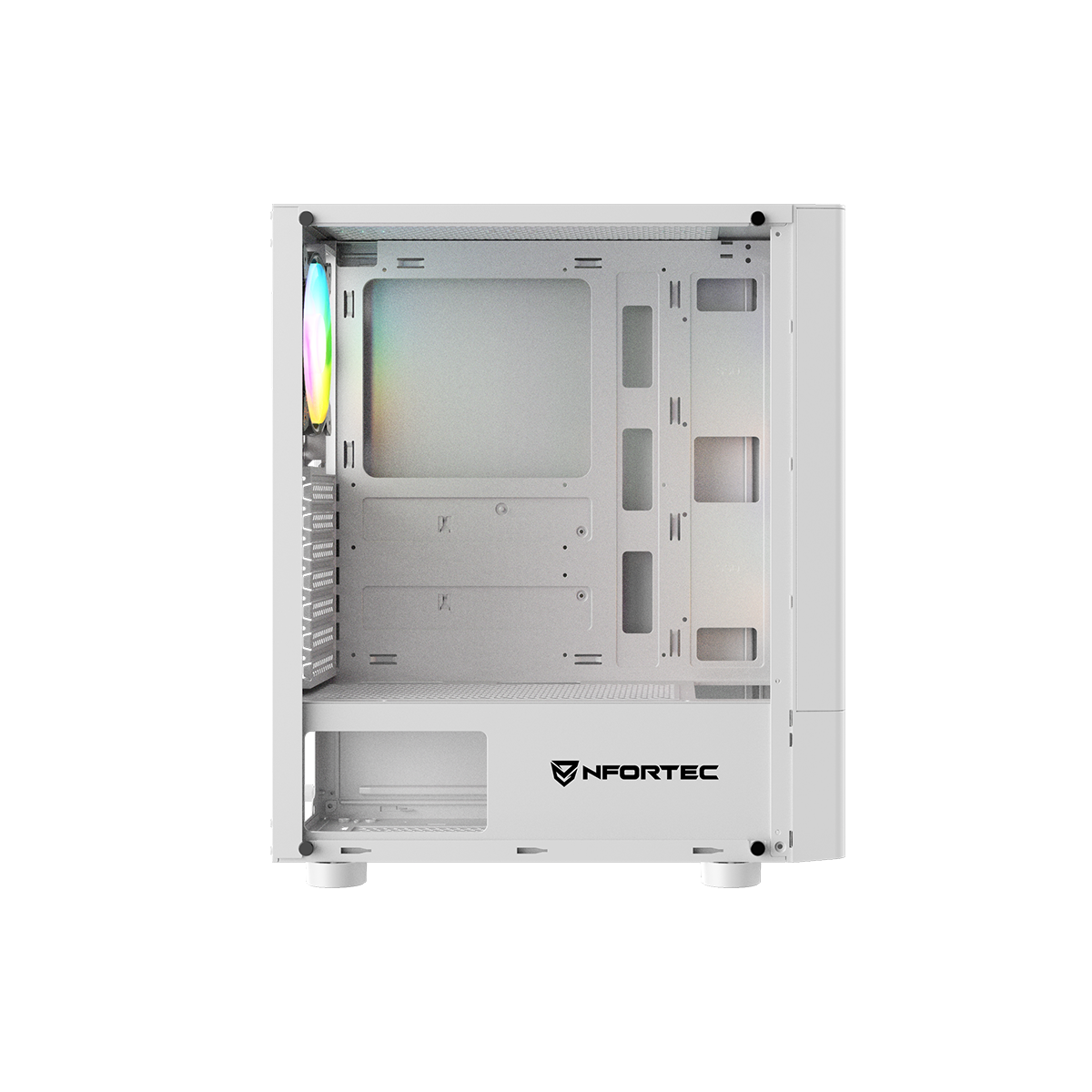 Case per computer bianco con ventola a LED arcobaleno a sinistra. Sfondo nero.