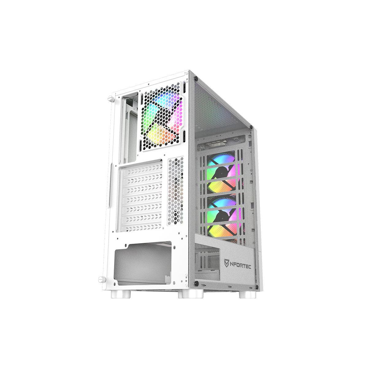 Un case per computer bianco con più ventole. Le ventole visualizzano un arcobaleno di colori.