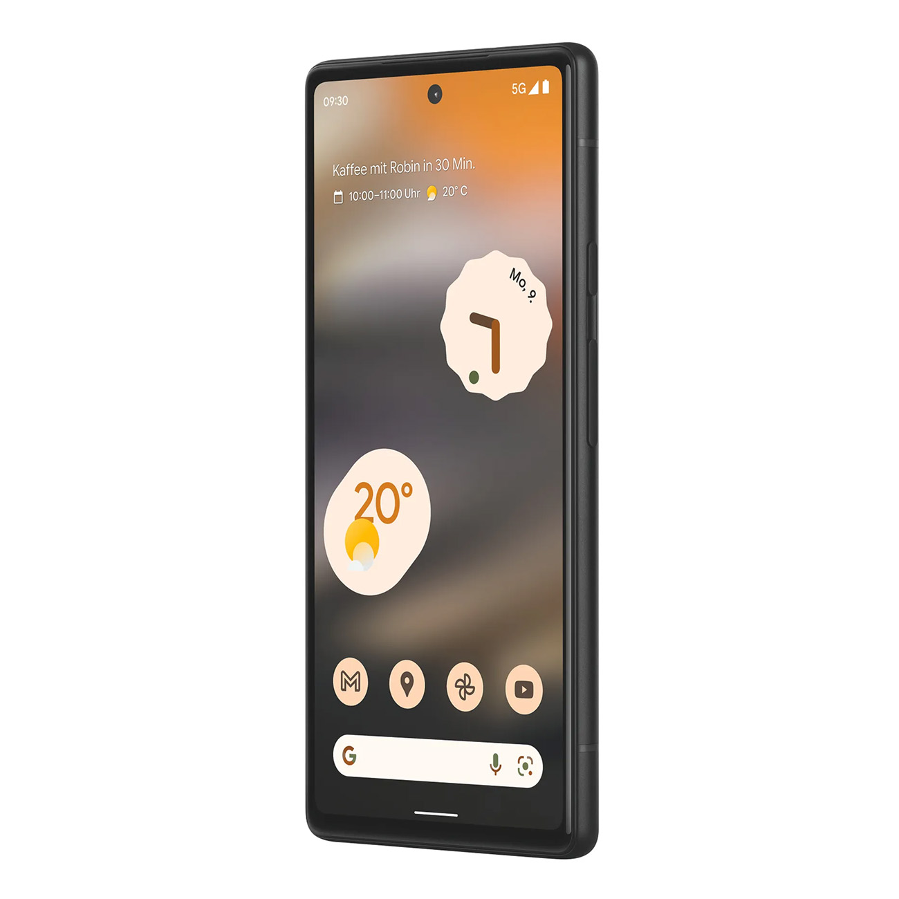 Czarny smartfon z pomarańczowym tłem wyświetlający godzinę i pogodę.