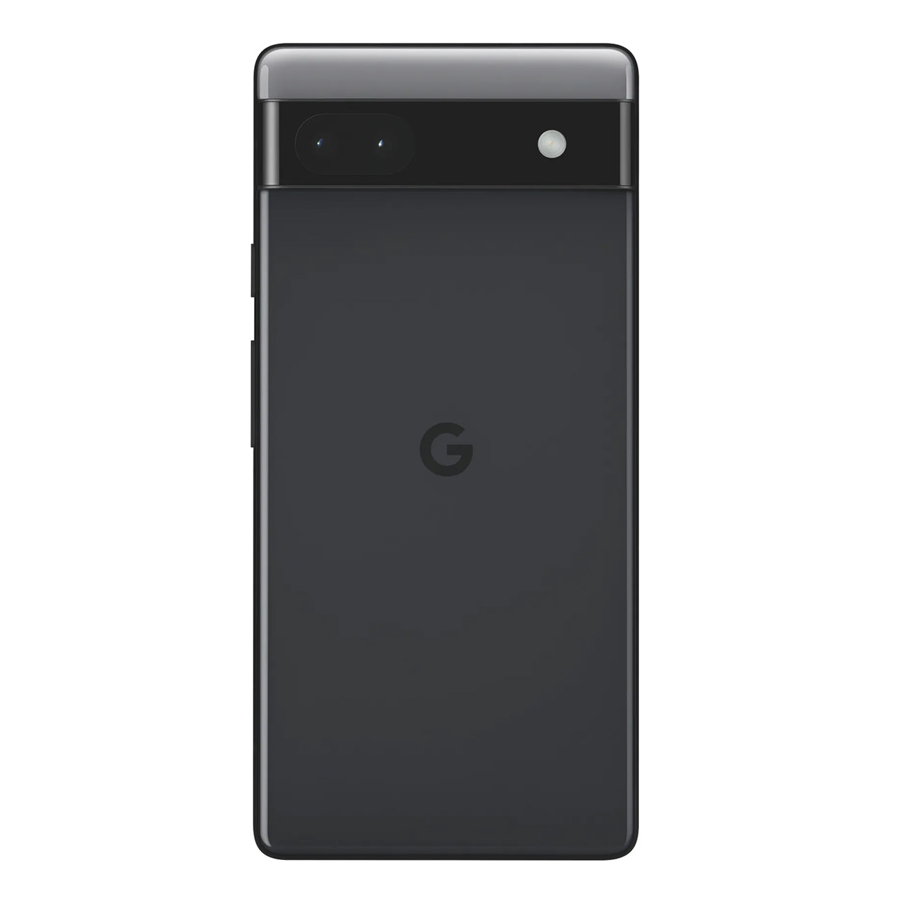 Czarny telefon z podwójnym aparatem i logo G z tyłu.