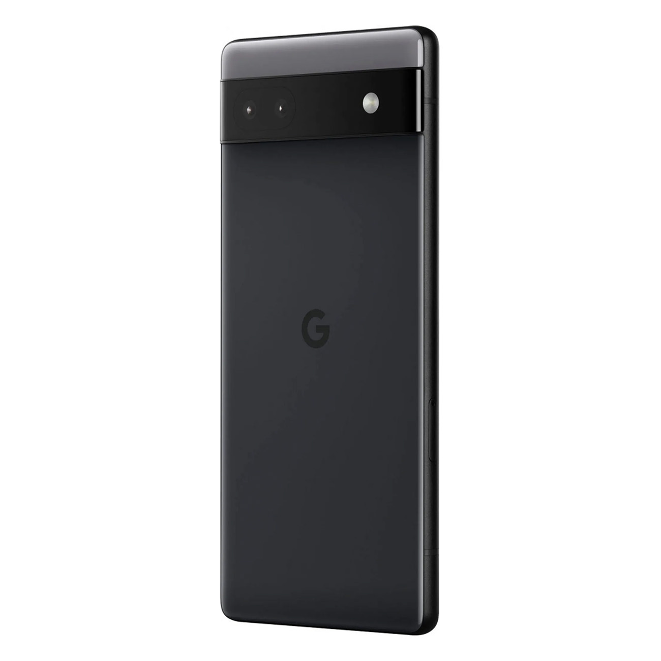 Czarny telefon Google Pixel 6a. Widoczny tył telefonu z aparatem i logo 'G'.