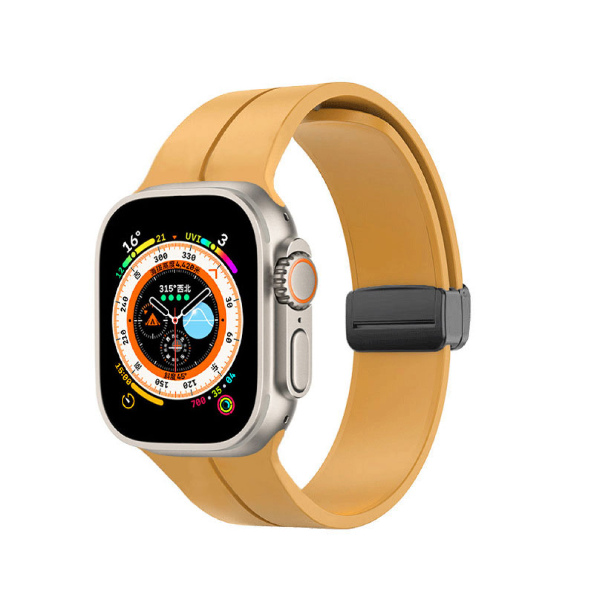 Smartwatch mit gelbem Armband, zeigt Zeit und andere Metriken.