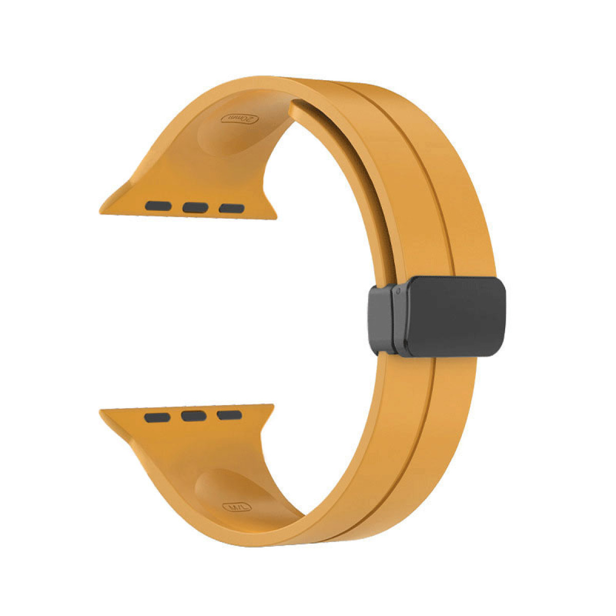 Ein senffarbenes Uhrenarmband mit schwarzem Verschluss, vor weißem Hintergrund.