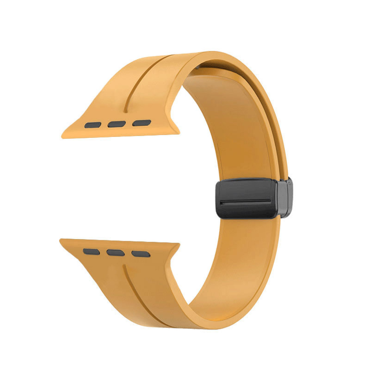 Senfgelbes Apple Watch Armband, geschwungenes Design mit schwarzem Verschluss.