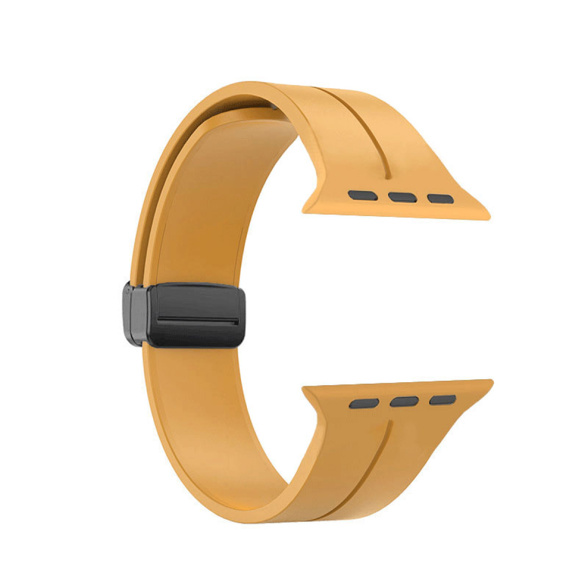 Senfgelbes Uhrenarmband mit schwarzem Verschluss. Das Armband ist C-förmig.