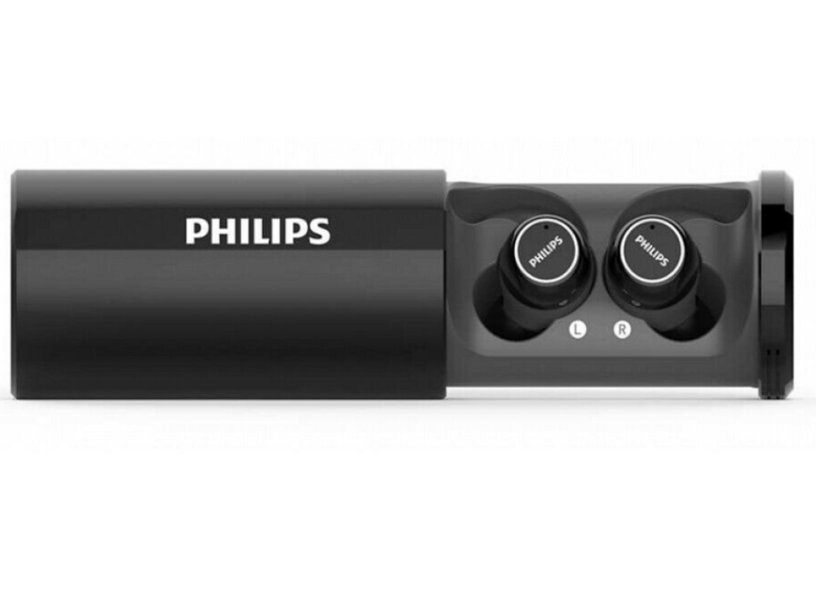 Czarne słuchawki douszne w etui ładującym. Etui jest zamknięte, widoczna jest nazwa marki 'PHILIPS'.