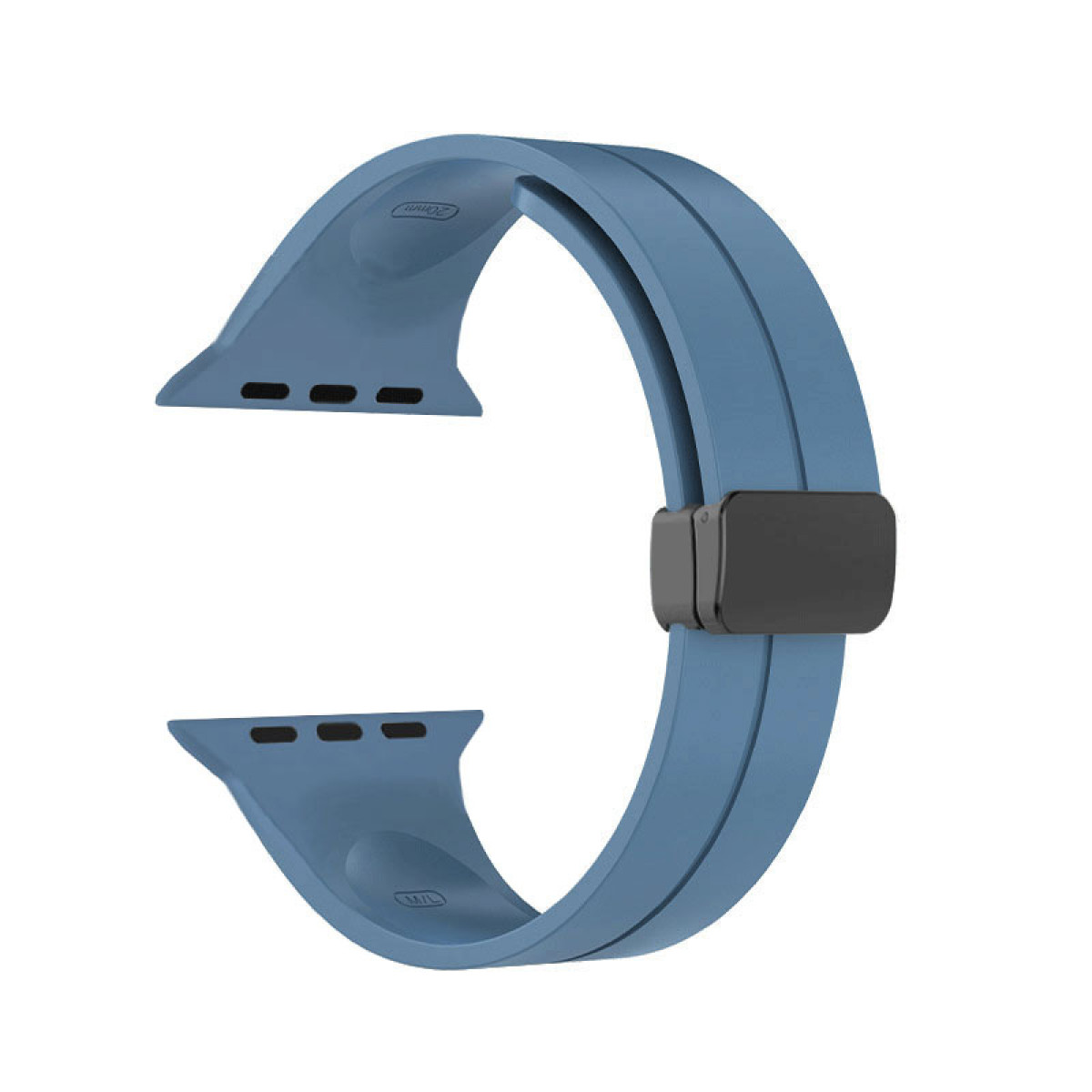Blaues Uhrenarmband. Schwarze Schnalle. Zwei Teile verbinden sich an der Uhr. Gebogene Form.