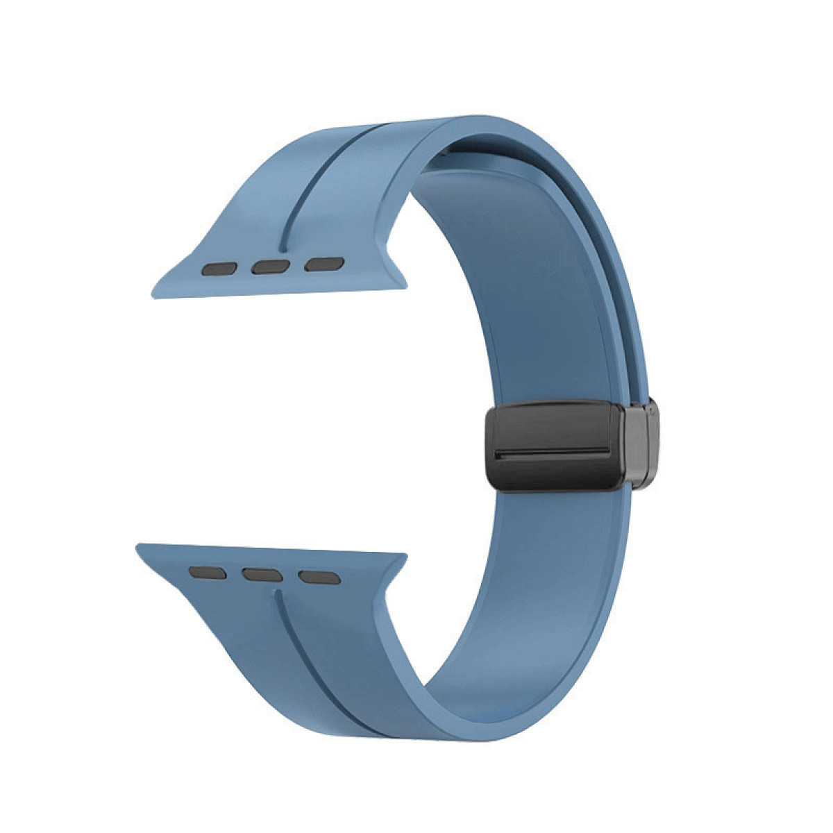 Blaues Uhrenarmband mit schwarzem Verschluss, gebogene Form zeigend.