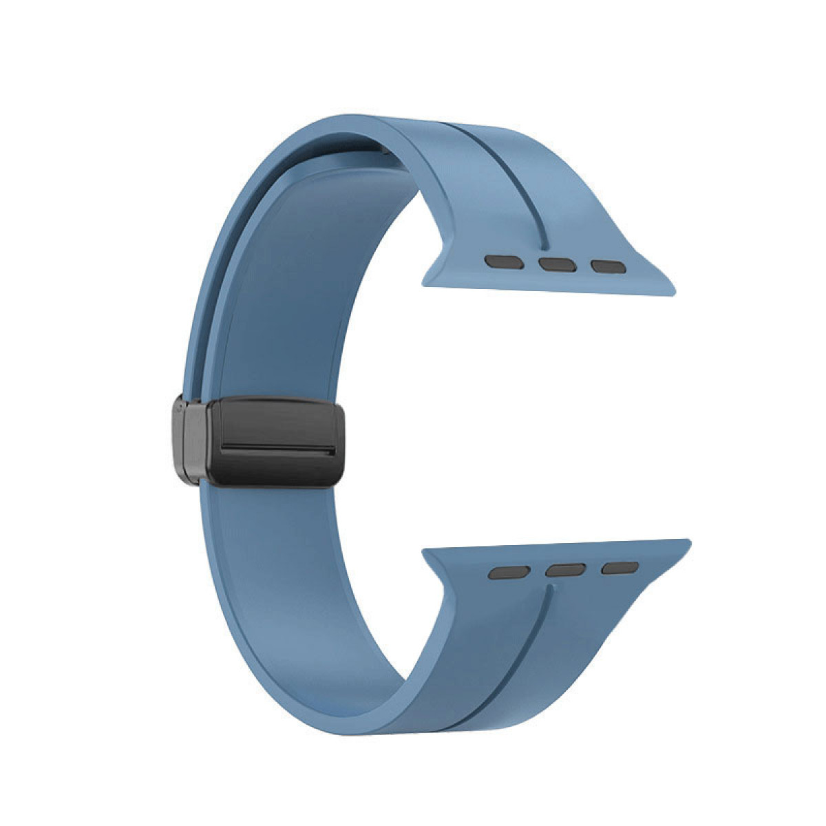 Hellblaues Uhrenarmband. Das Armband ist gebogen und hat einen Verschluss am Ende.