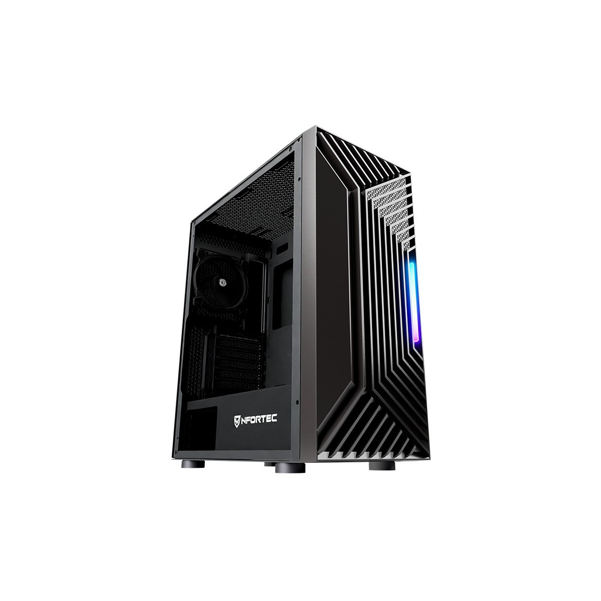 Case per computer nero con frontale a rete e linee angolate. Sfondo nero con interno aperto.