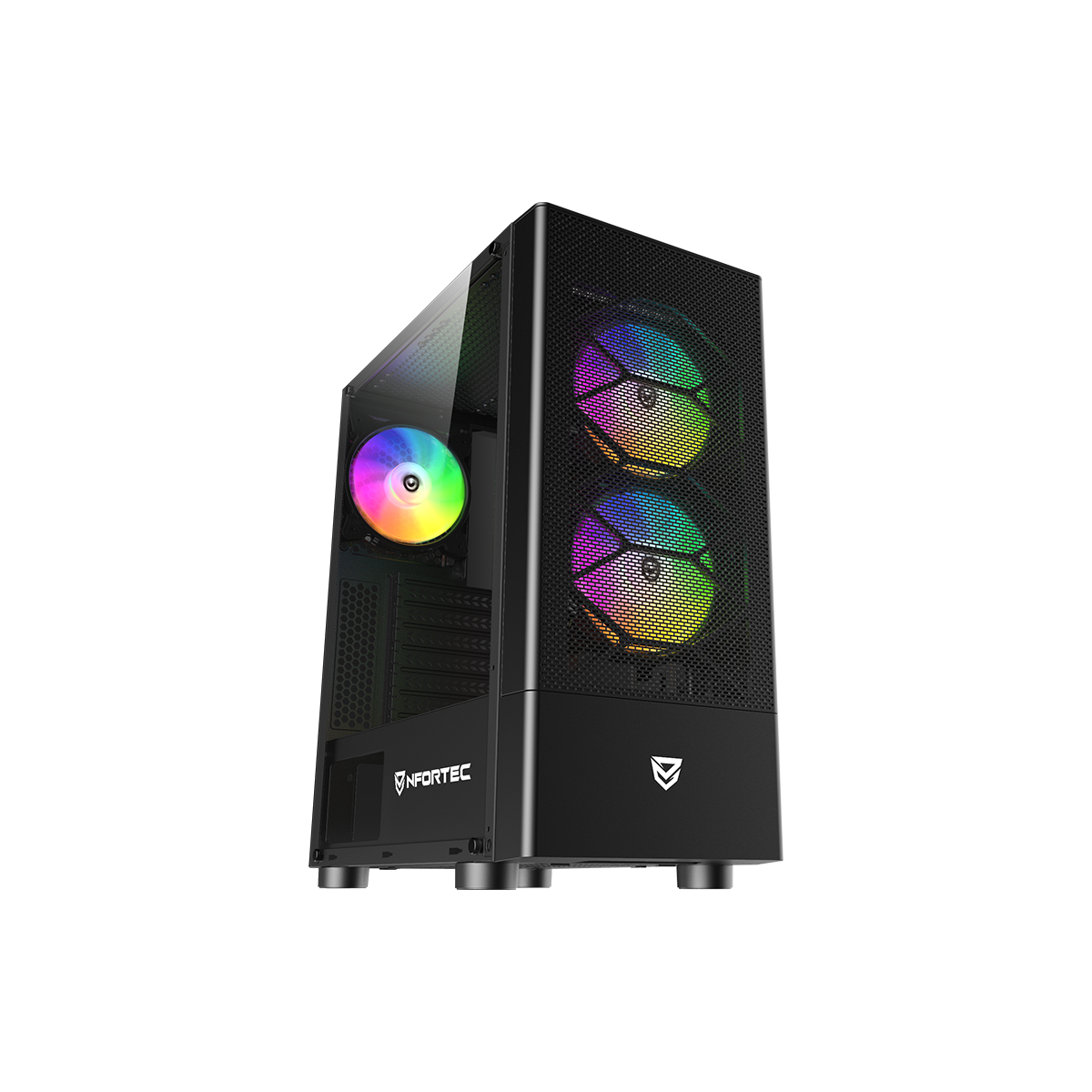 Case per computer nero con più ventole e illuminazione RGB. Lo sfondo è nero.