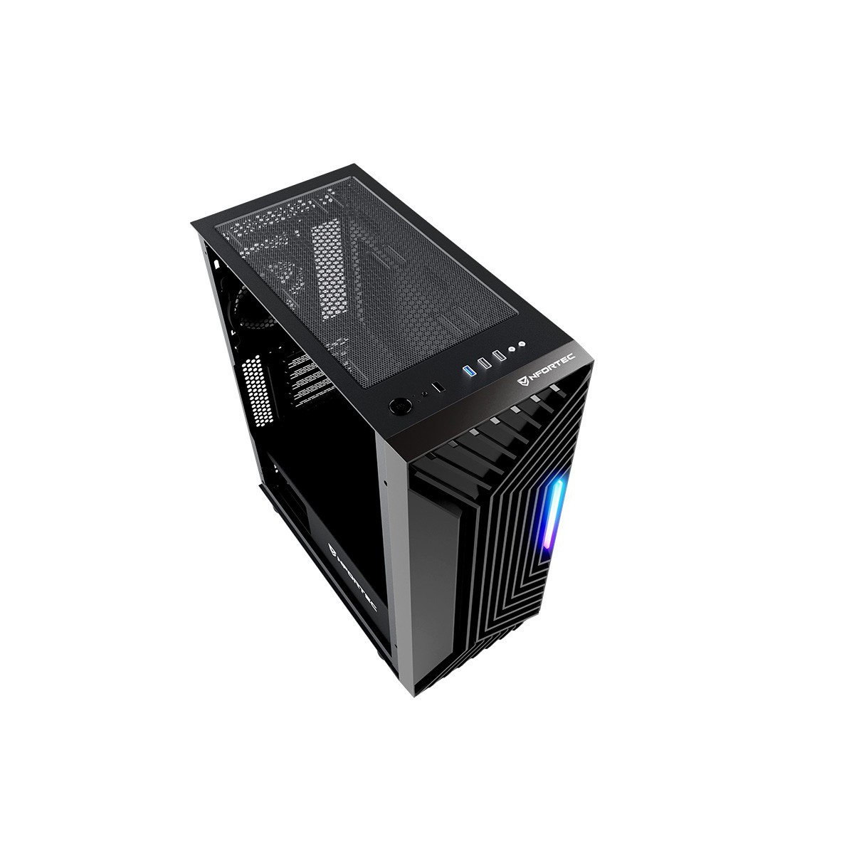 Case PC nero, frontale a rete. Vista angolata. Lo sfondo è bianco.