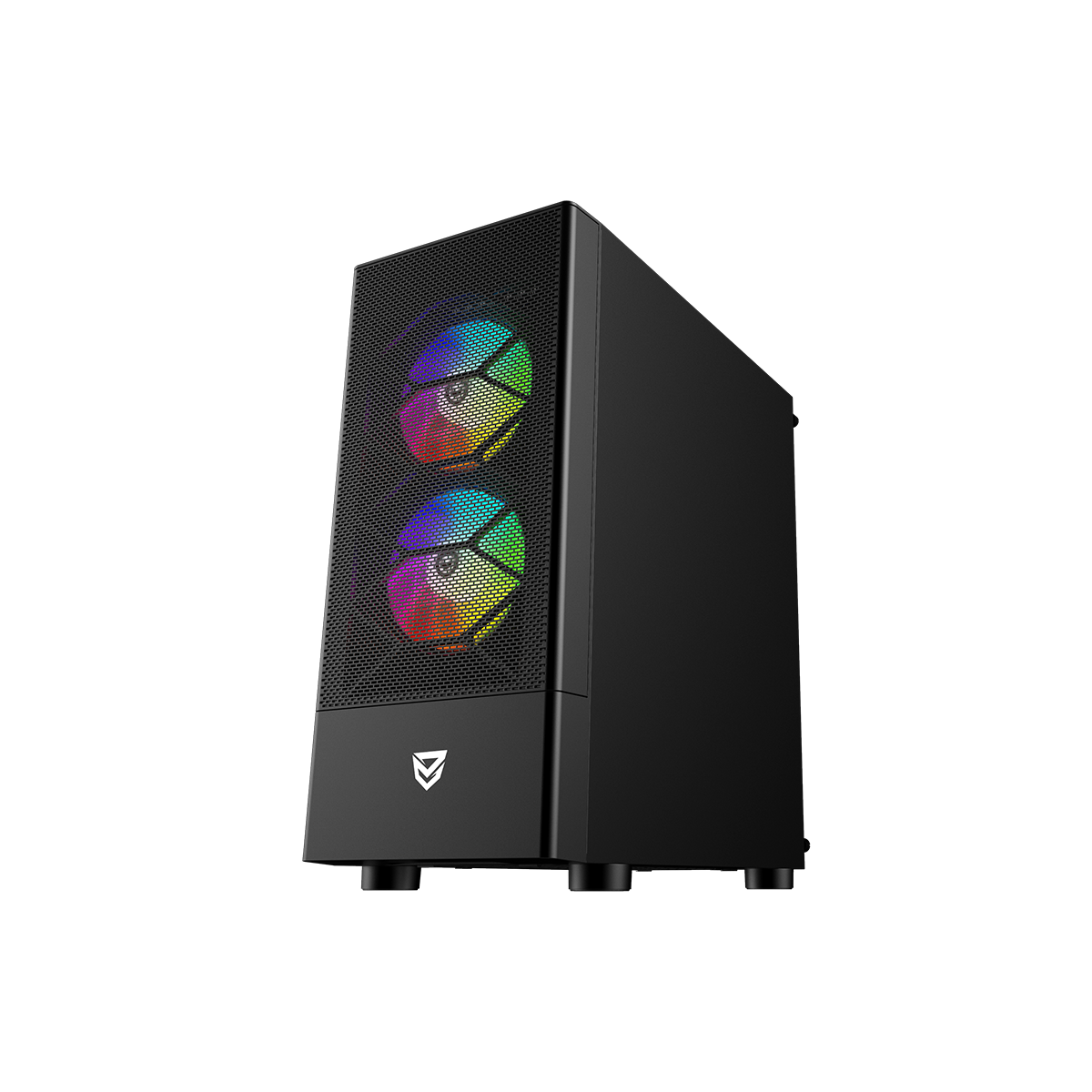 Un case nero per computer con frontale a rete e due ventole colorate, su sfondo nero.