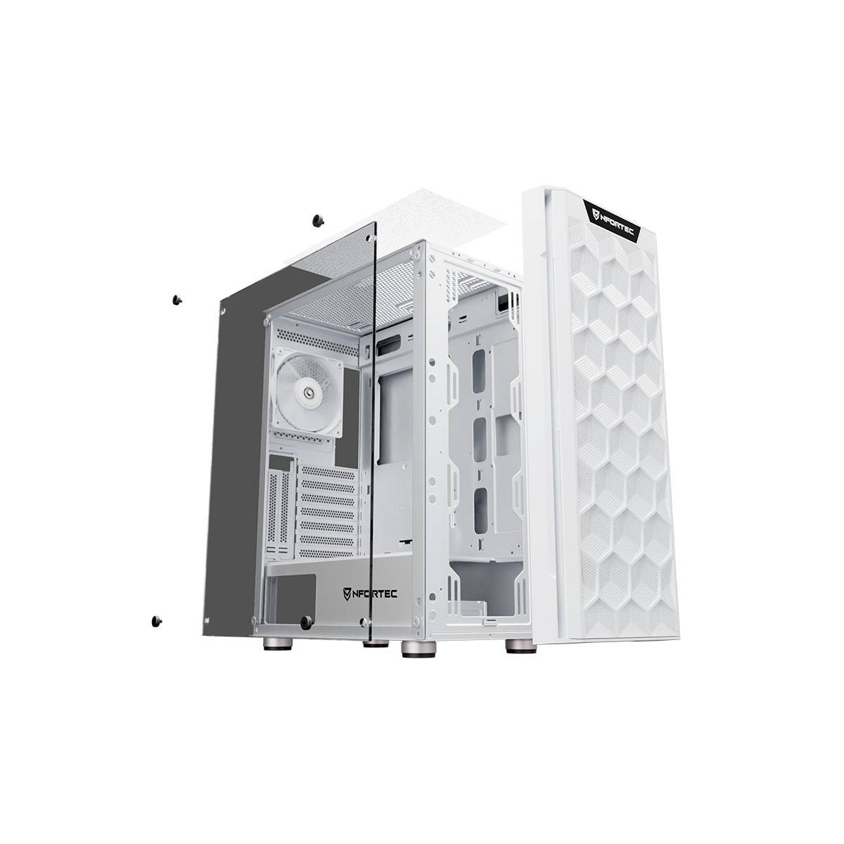 Case per computer bianco e nero, parzialmente smontato. Componenti interni e pannelli visibili.