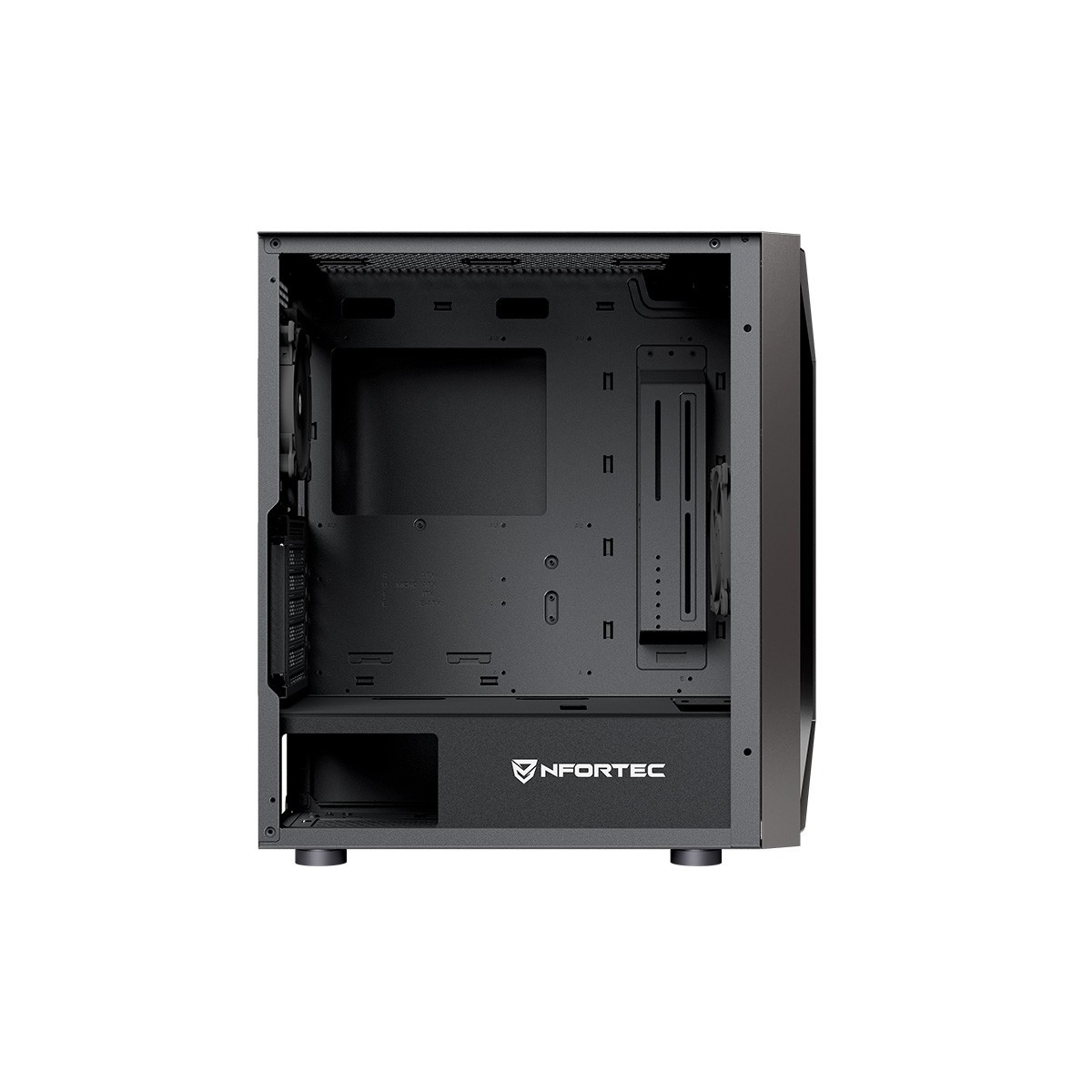 Case per computer nero, vista frontale, con design aperto, che mostra i componenti interni.