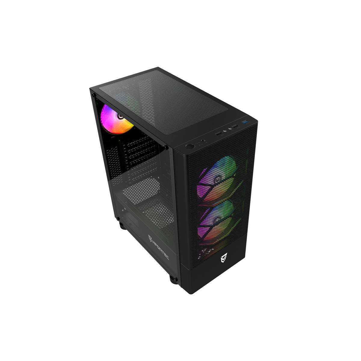 Un case per computer nero con ventole colorate su sfondo nero.