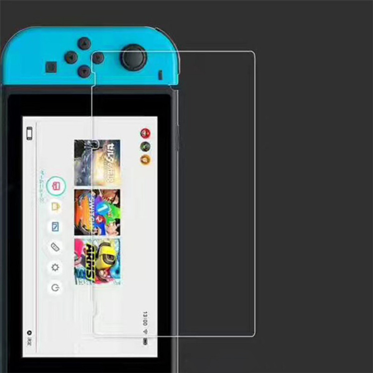 Eine Nintendo Switch mit installiertem Displayschutz. Der Bildschirm zeigt Spielsymbole.