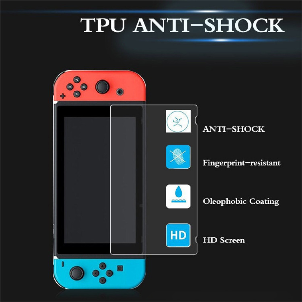 Eine blau-rote Spielkonsole und eine Displayschutzfolie mit Details: Anti-Schock, fingerabdruckresistent, HD.