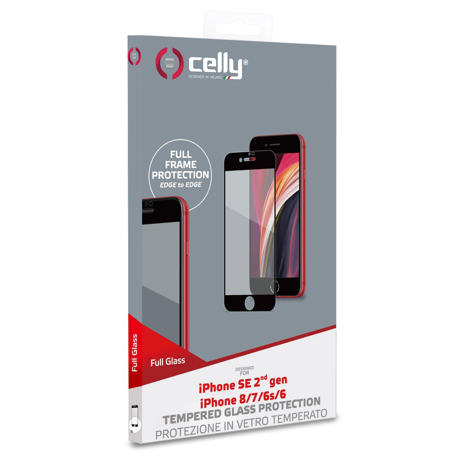 Confezione di protezione schermo. Include immagini del telefono. Testo sulla protezione a cornice intera.