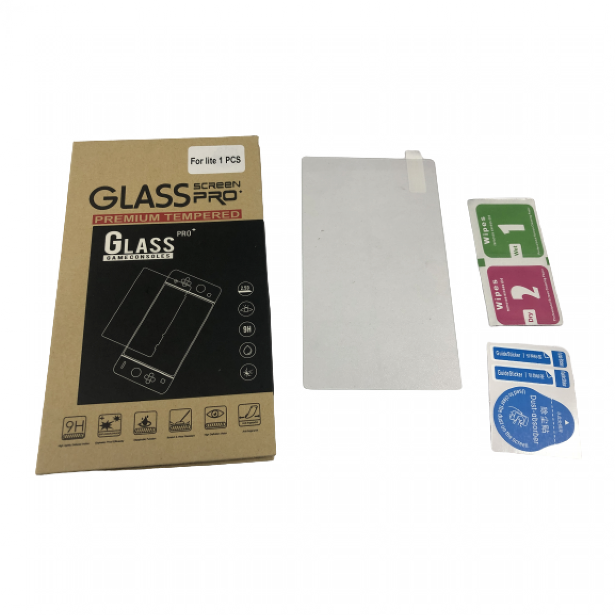 Verpacktes Displayschutzfolien-Kit mit Reinigungstüchern und Anweisungen. Weißer Hintergrund.
