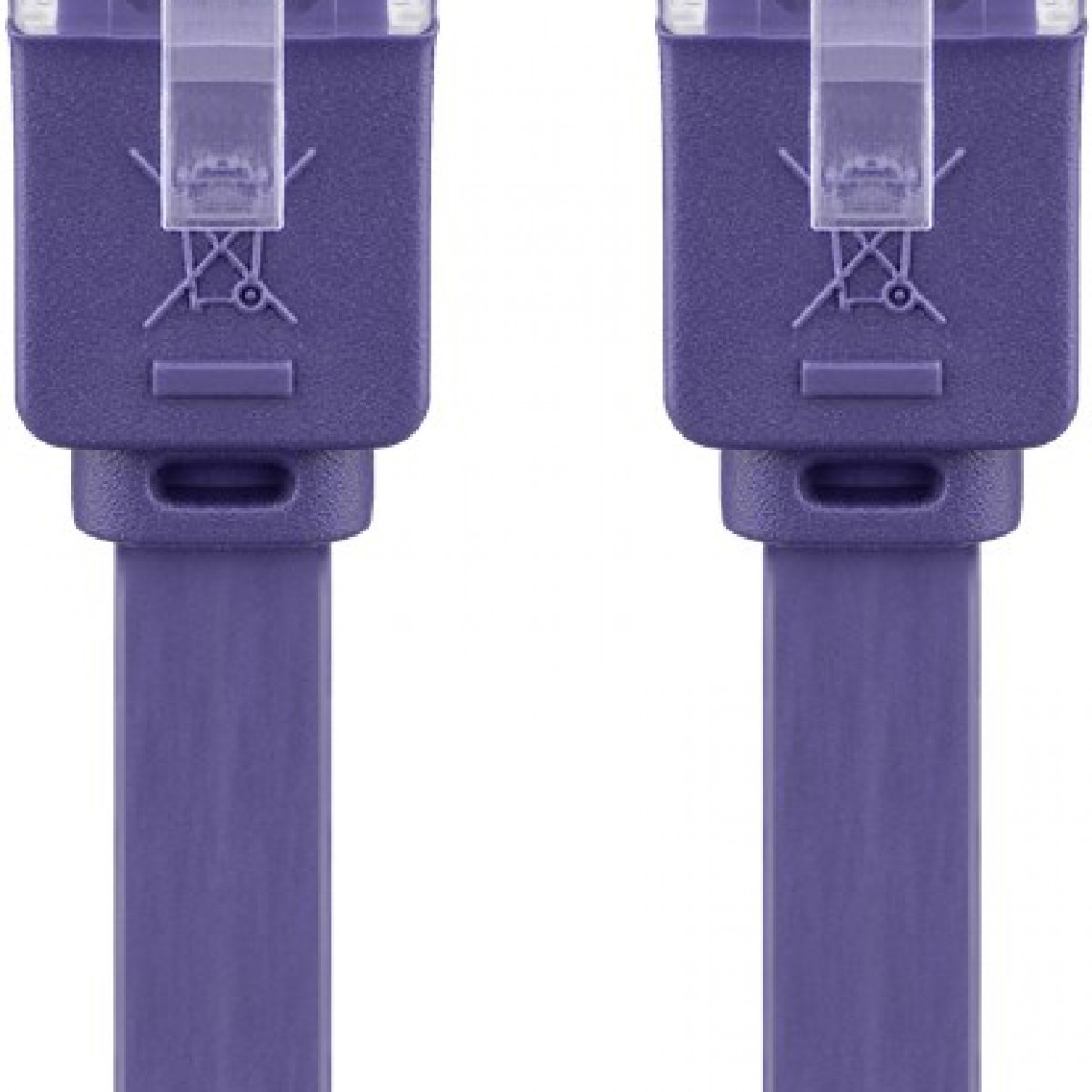 Twee paarse ethernetkabelconnectoren, close-up, met een witte achtergrond. Details zijn scherp.