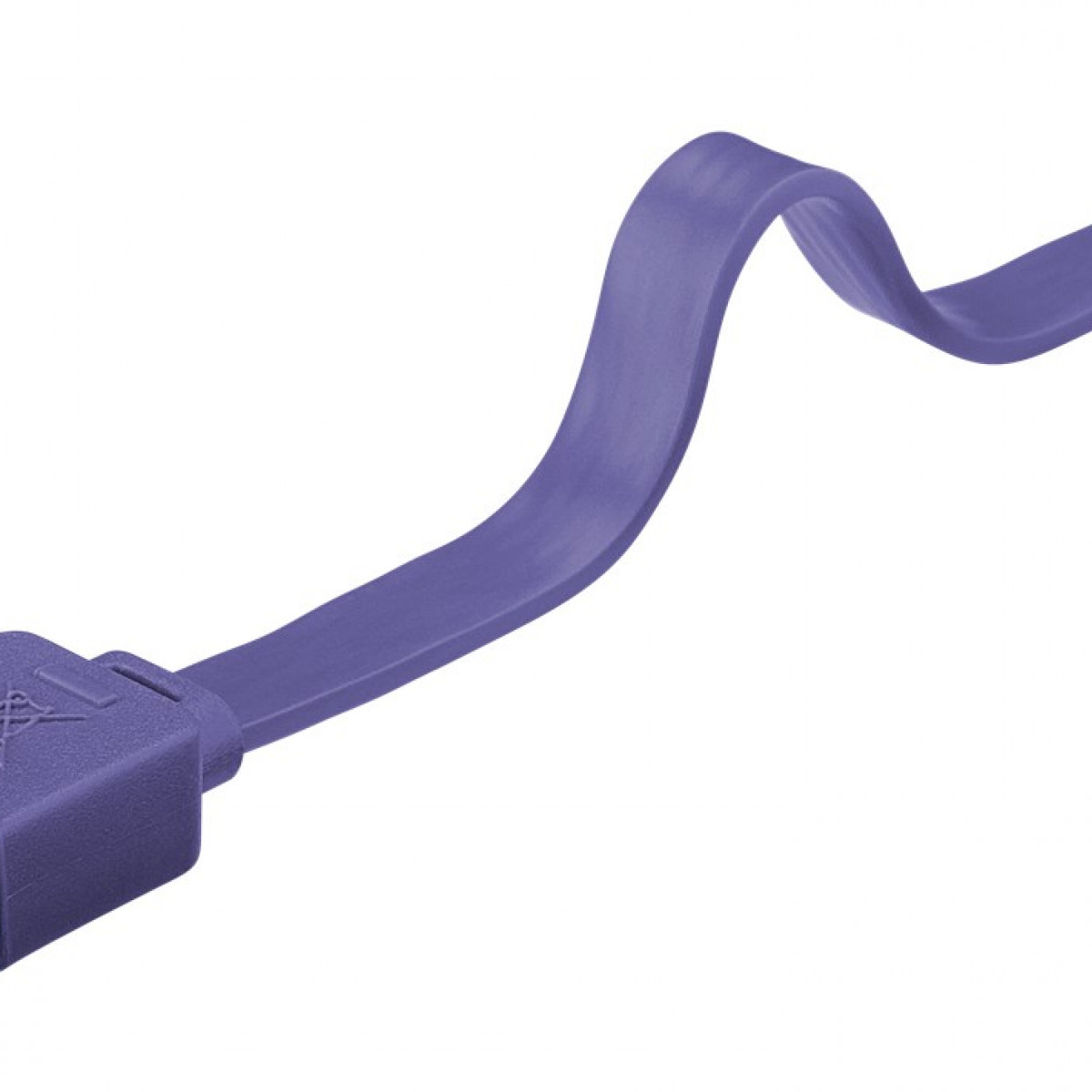 Paarse USB-kabel, gebogen, met een USB-connector aan het uiteinde.
