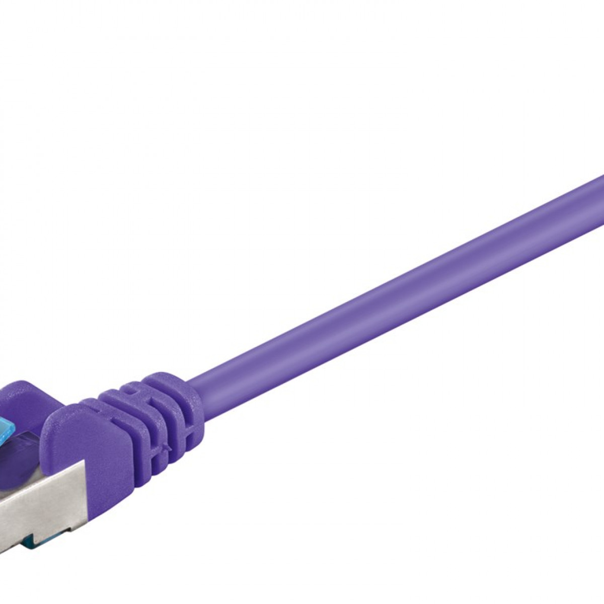Cavo di rete viola con connettore blu. Il cavo ha una spina a un'estremità.