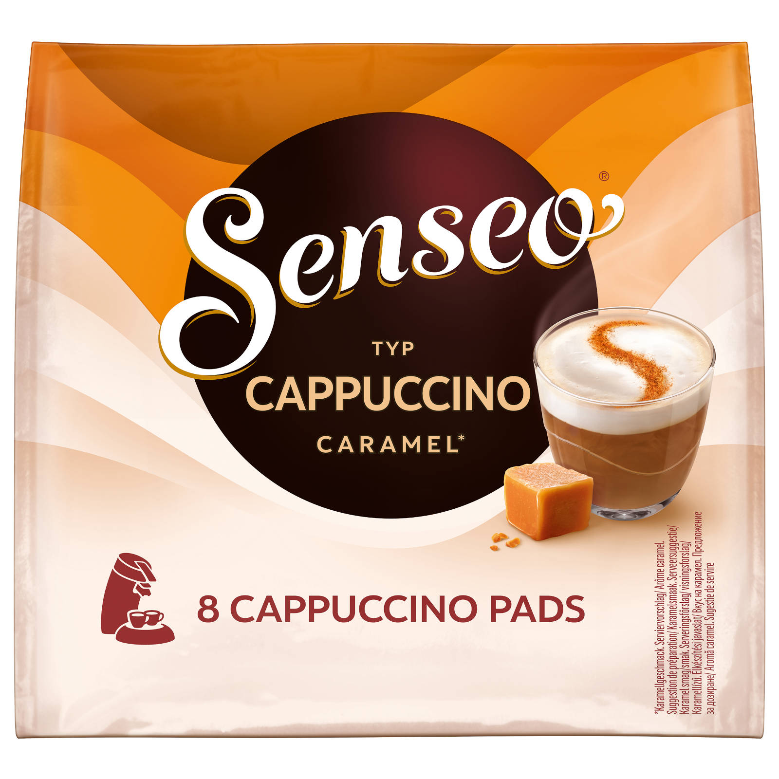Senseo Cappuccino Caramel Kaffeepads. Tasse Cappuccino und Karamellwürfel auf der Packung.