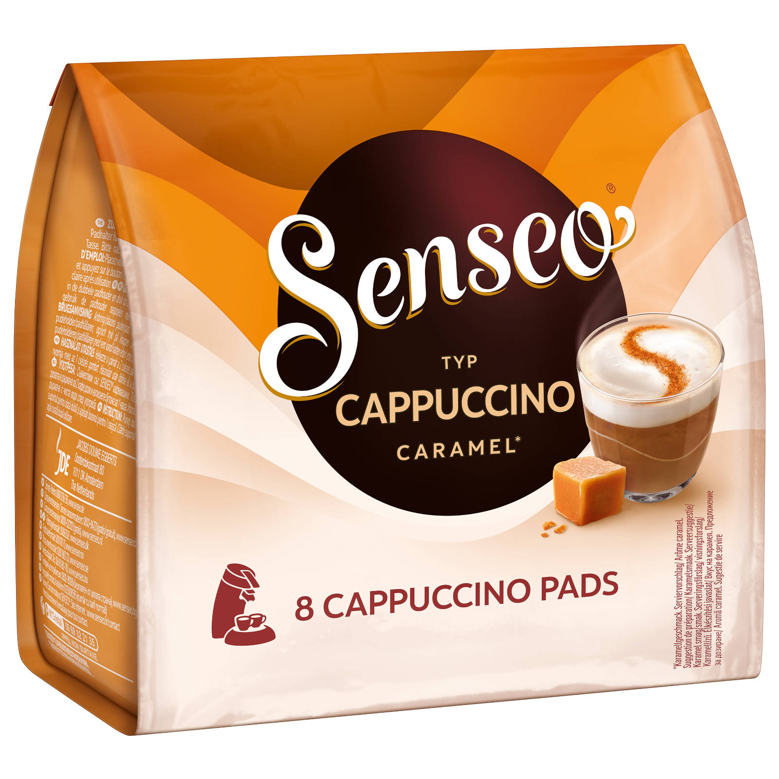 Senseo Cappuccino Caramel Kaffeepads in einer braunen und orangen Verpackung mit Getränkeabbildung.