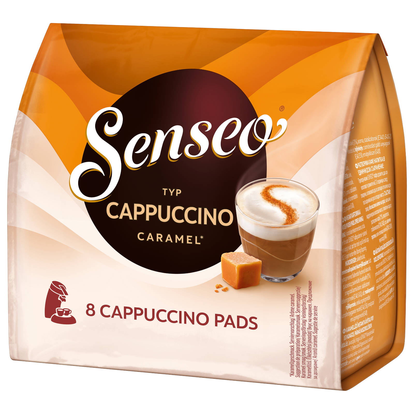 Eine Senseo Kaffeepad-Packung mit Cappuccino Caramel und ein paar Pads.