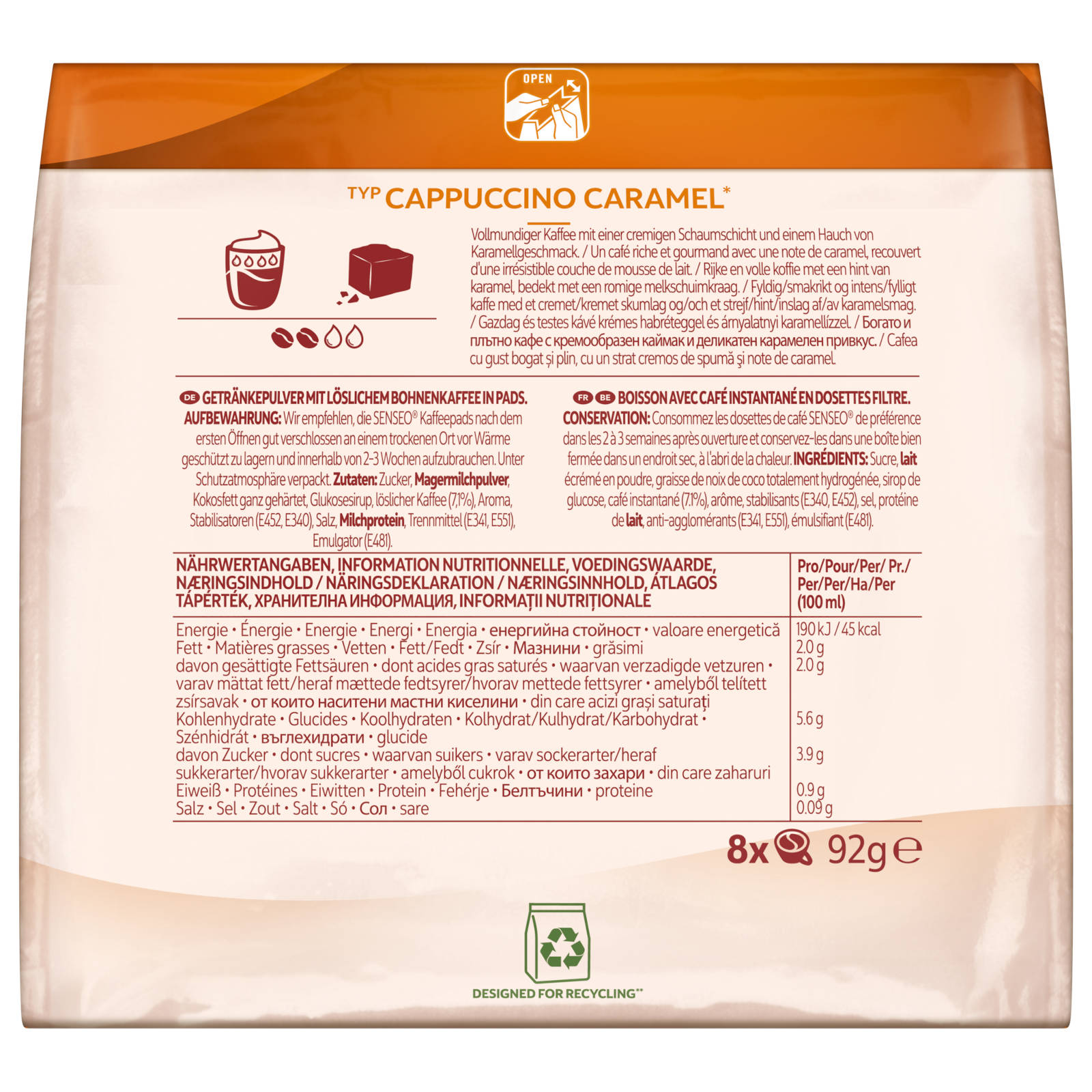 Tüte Cappuccino Caramel Instantkaffee mit Produkt- und Nährwertinformationen.