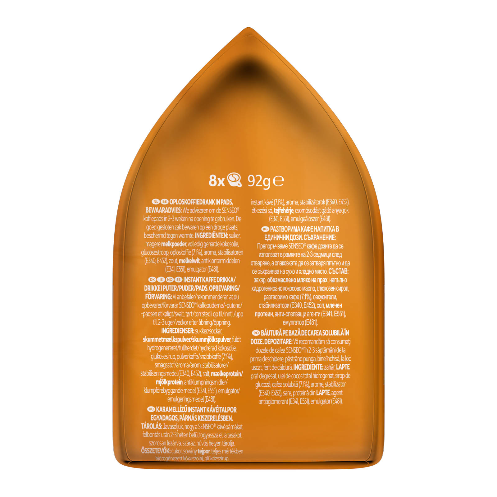 Eine Packung Kaffeepads mit Text in mehreren Sprachen. Die Packung hat eine braune, ovale Form.