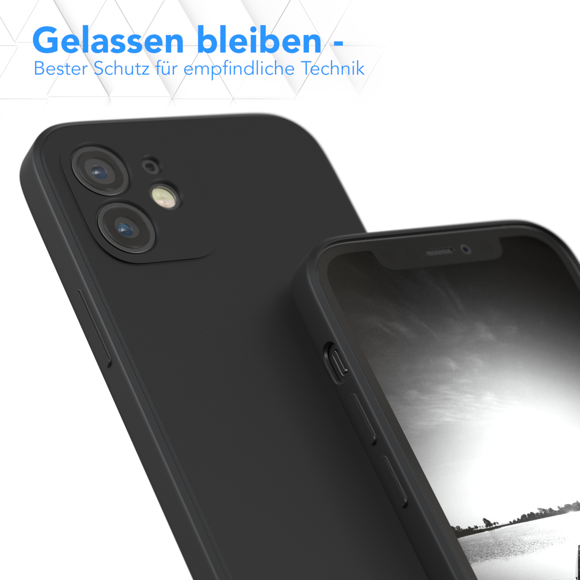 Handyhülle und Handy, mit Text. Schwarze Hülle, schwarzes Handy mit schwarzem Bildschirm.