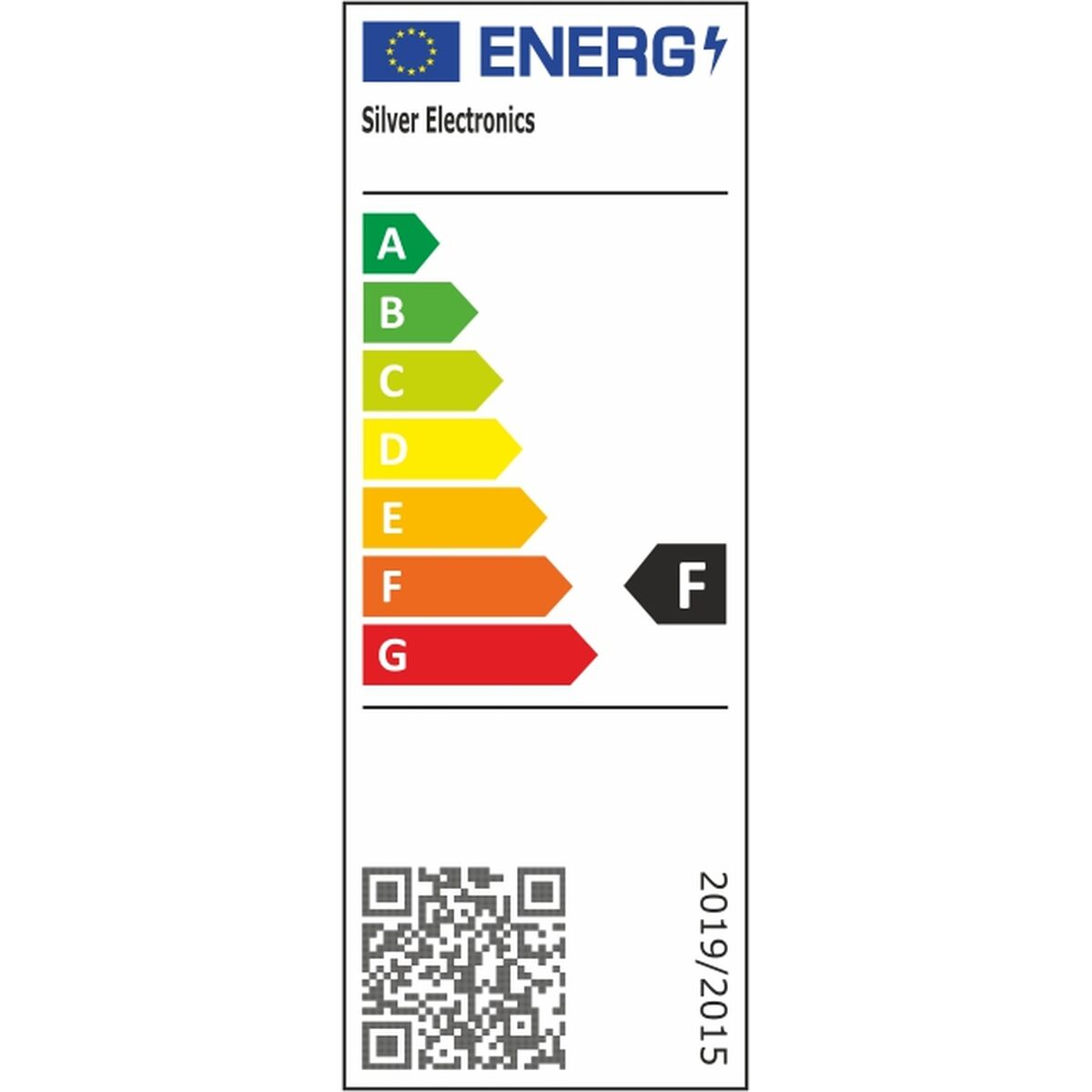 Etichetta energetica per un prodotto. Mostra una valutazione F. Il logo è per Silver Electronics. Bianco e nero.