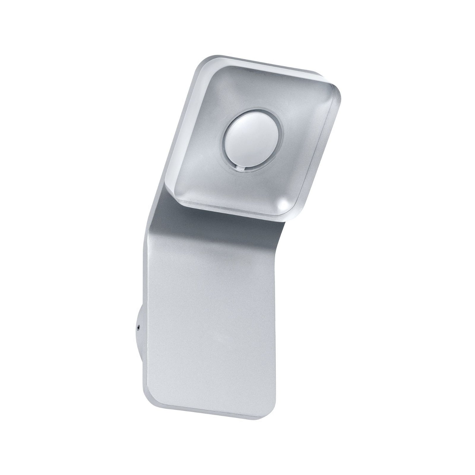 Srebrna oprawa oświetleniowa z zakrzywionym ramieniem. Światło skierowane jest w górę.