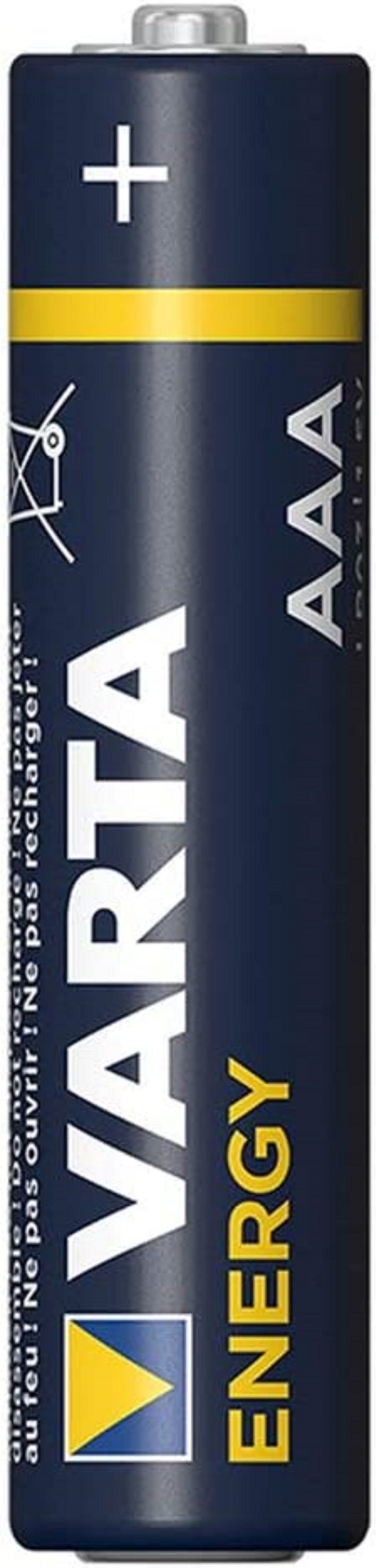Pila AAA blu con VARTA e ENERGY stampati. Segno più in alto.