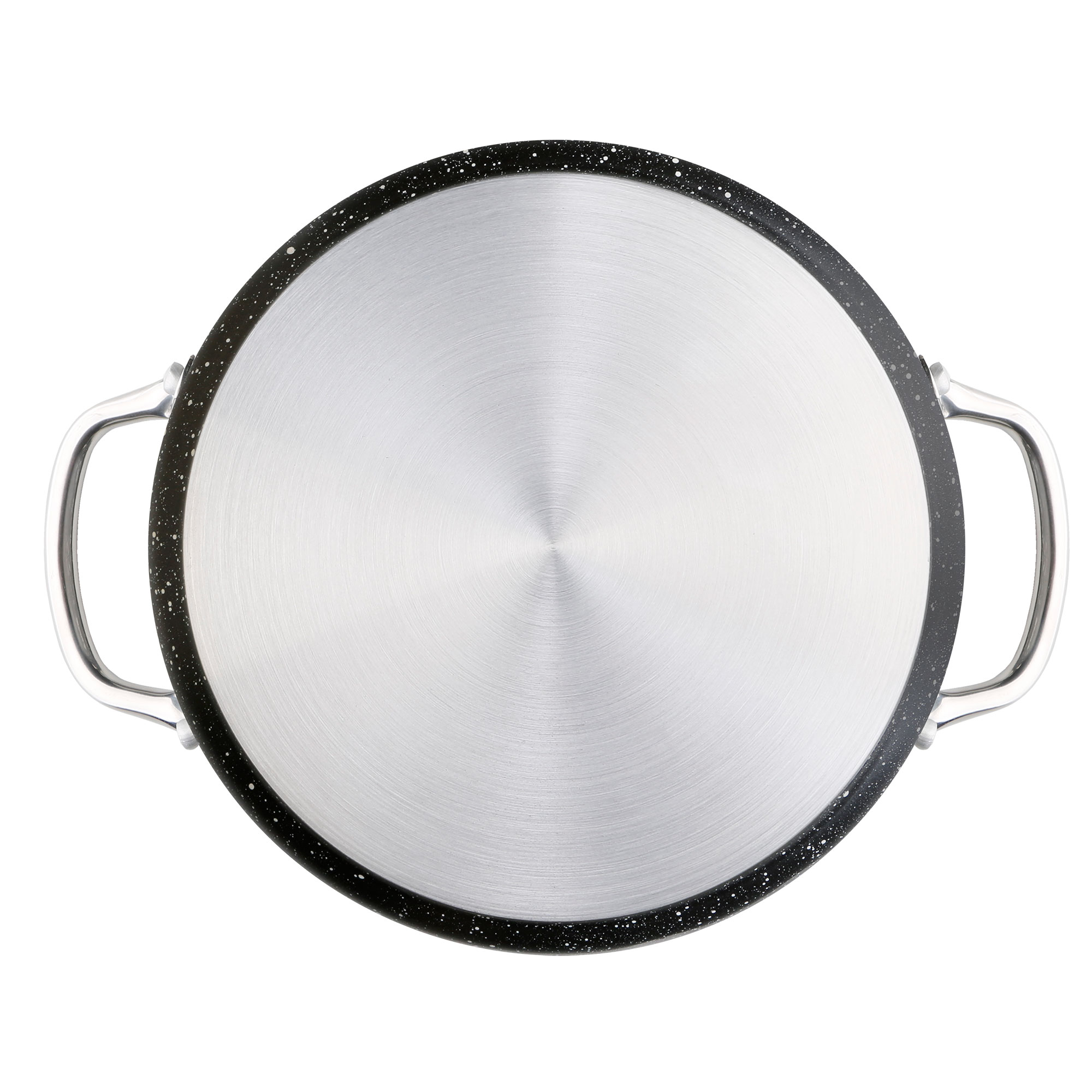 Vista superior de una gran sartén negra con asas, con interior plateado y borde negro moteado.