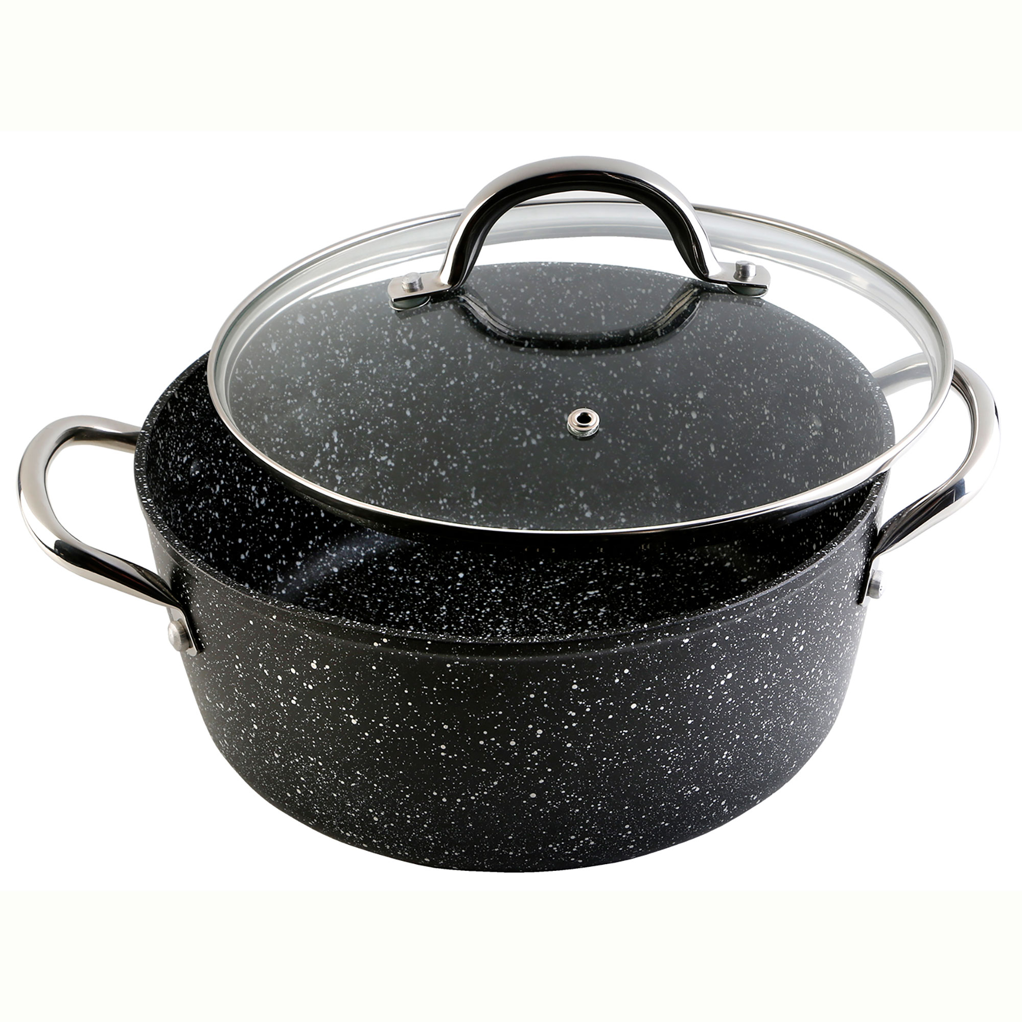 Una olla negra con exterior moteado y tapa de vidrio. Las asas son plateadas.