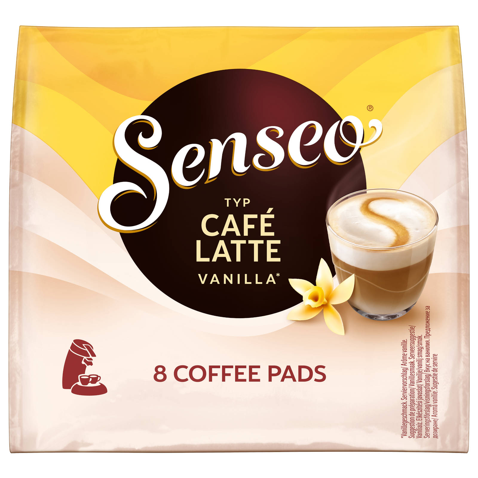 Kaffeepads-Verpackung mit Kaffeetassenbild. Gelbe und braune Farbtöne.