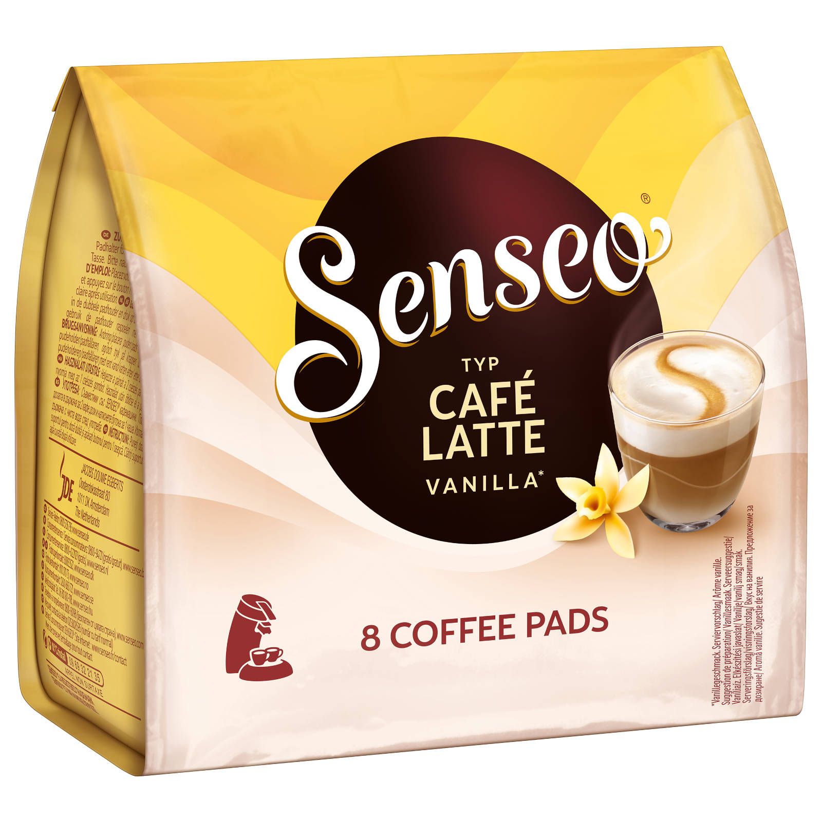 Eine Packung Senseo Cafe Latte Vanilla Kaffeepads mit einer Tassenillustration und Vanilleblume.