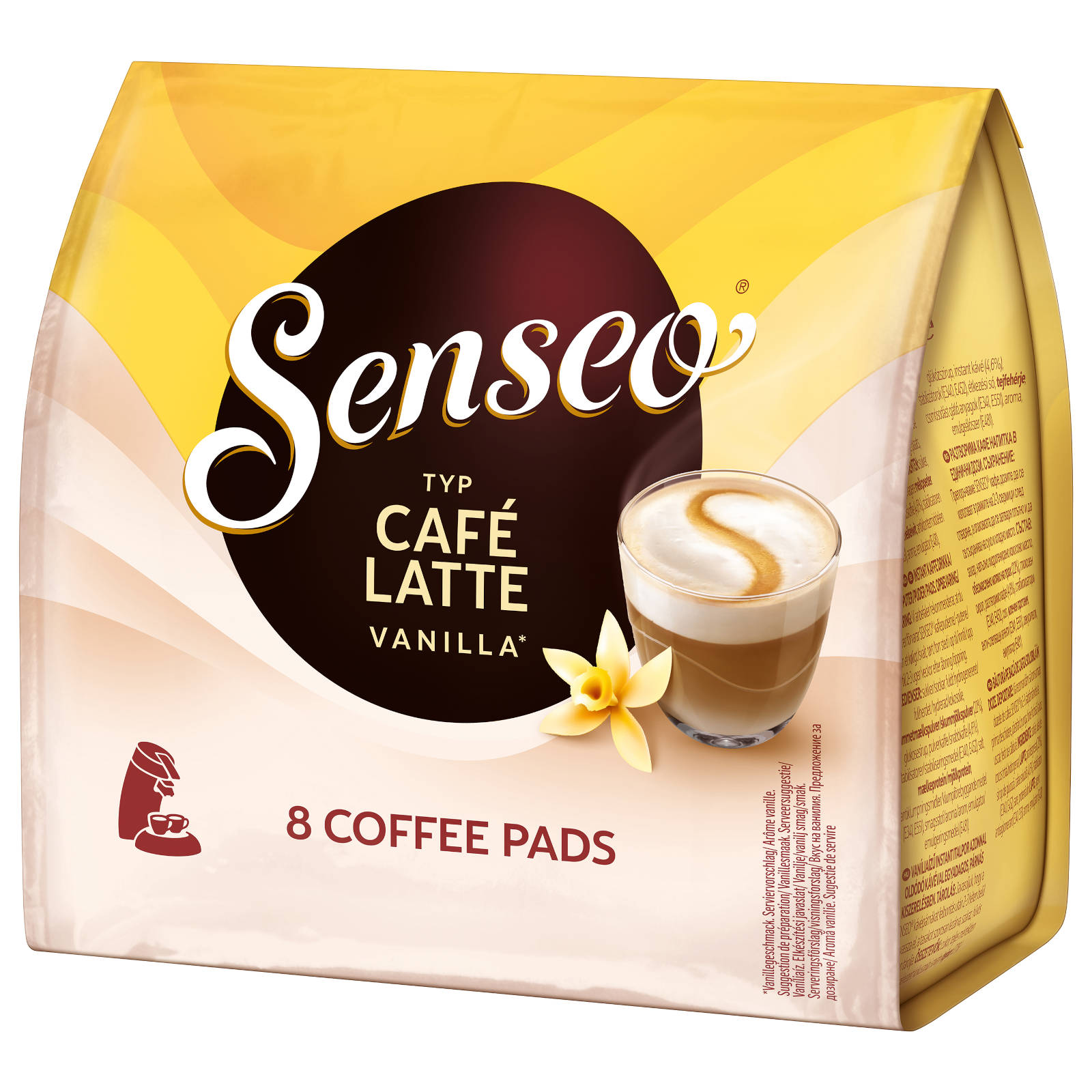 Kaffeepads-Packung mit einer Tasse Latte und Vanille.