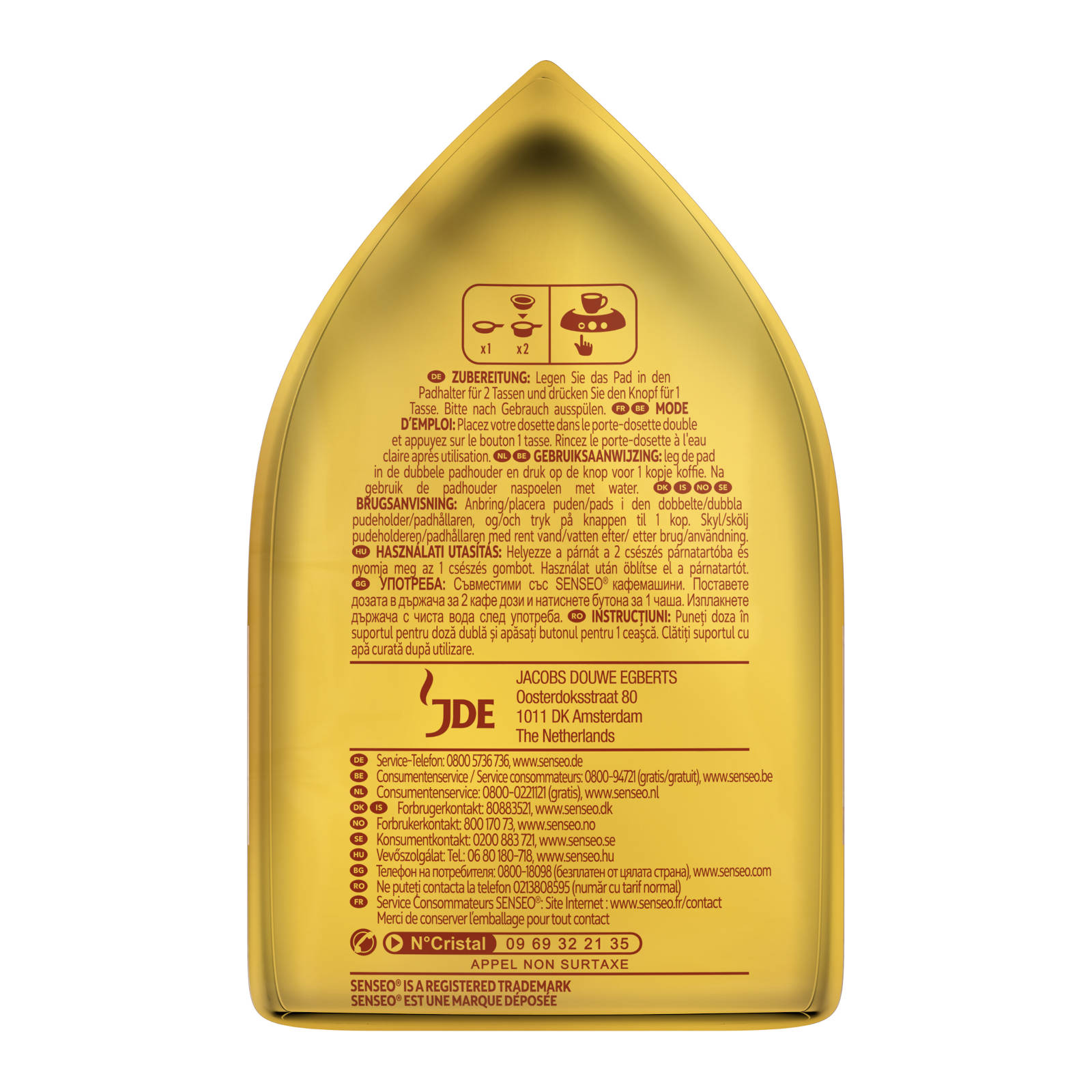 Goldener Packung Kaffeepads. Text in mehreren Sprachen. Anweisungen sind sichtbar.