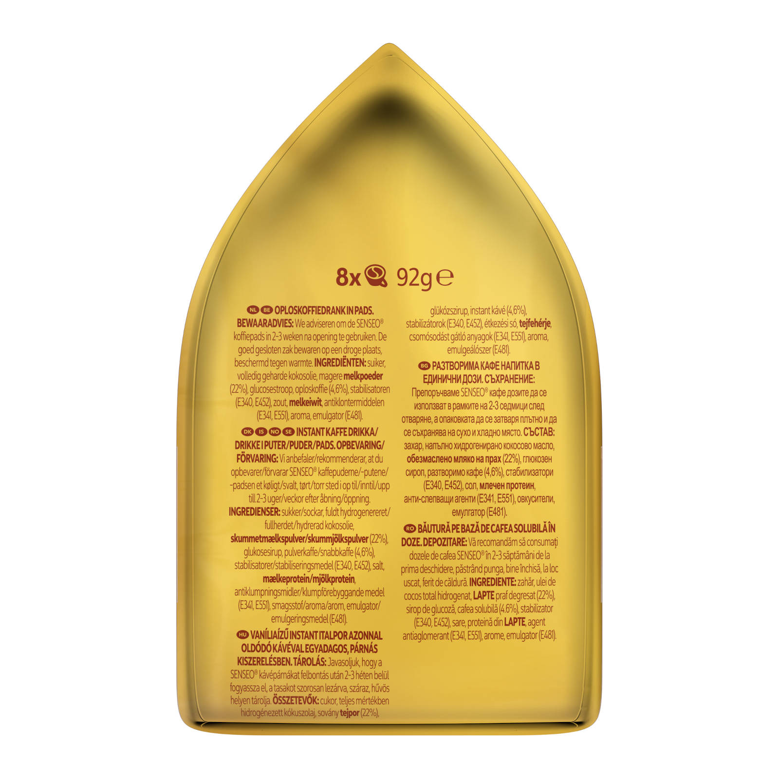 Goldener Beutel mit Text in mehreren Sprachen über Instantkaffee. Er hat ein Nährwertetikett.