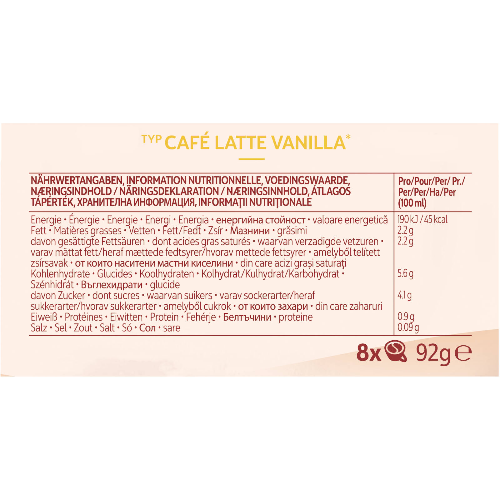 Ein Nährwertkennzeichnungsetikett für ein Cafe Latte Vanilla Produkt. Es enthält Details zu den Zutaten des Produkts.