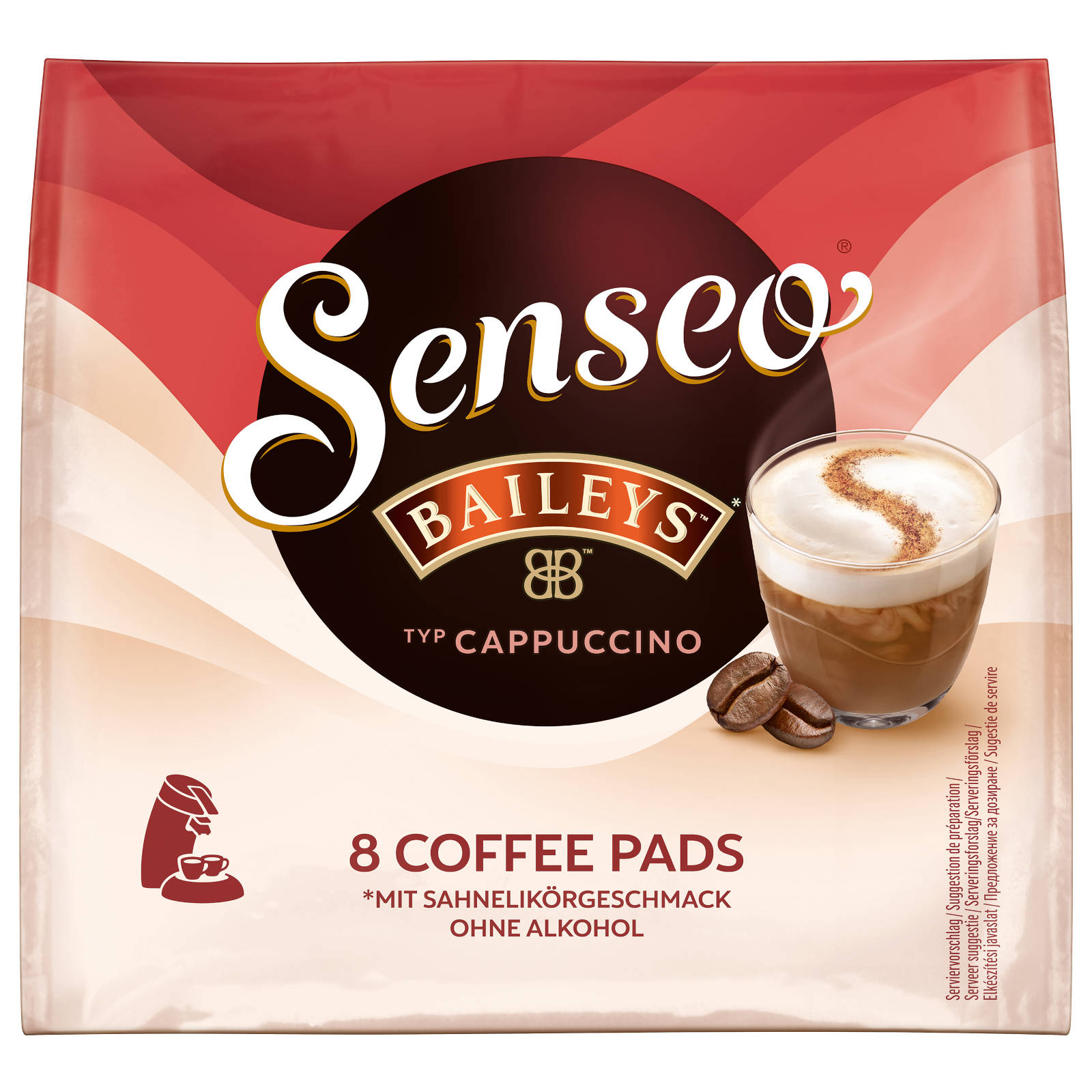 Senseo Baileys Cappuccino Kaffeepads-Packung mit Kaffeetasse und Bohnen.