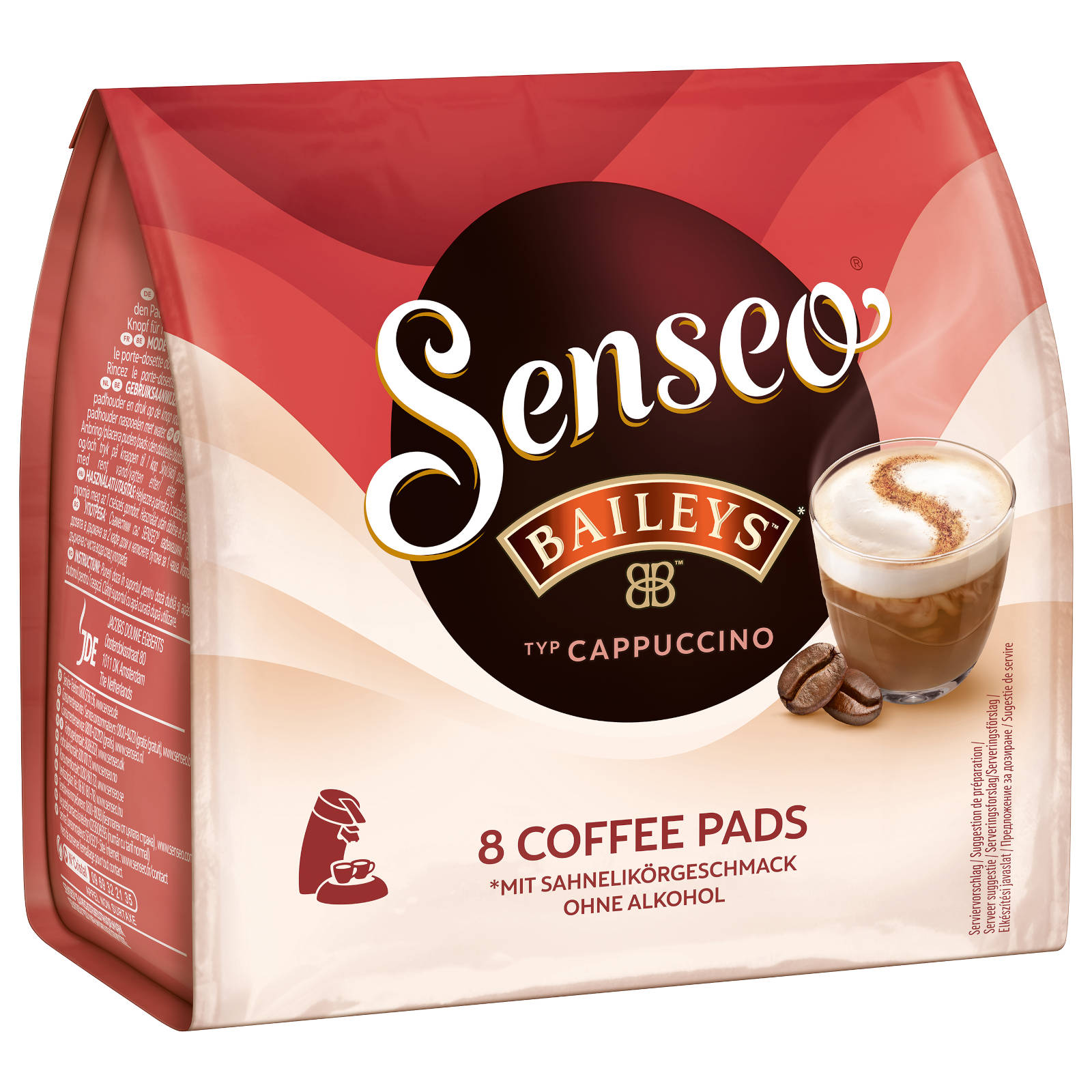 Ein Kaffeepad-Beutel mit dem Logo "Senseo Baileys Cappuccino" und Kaffeebohnen.