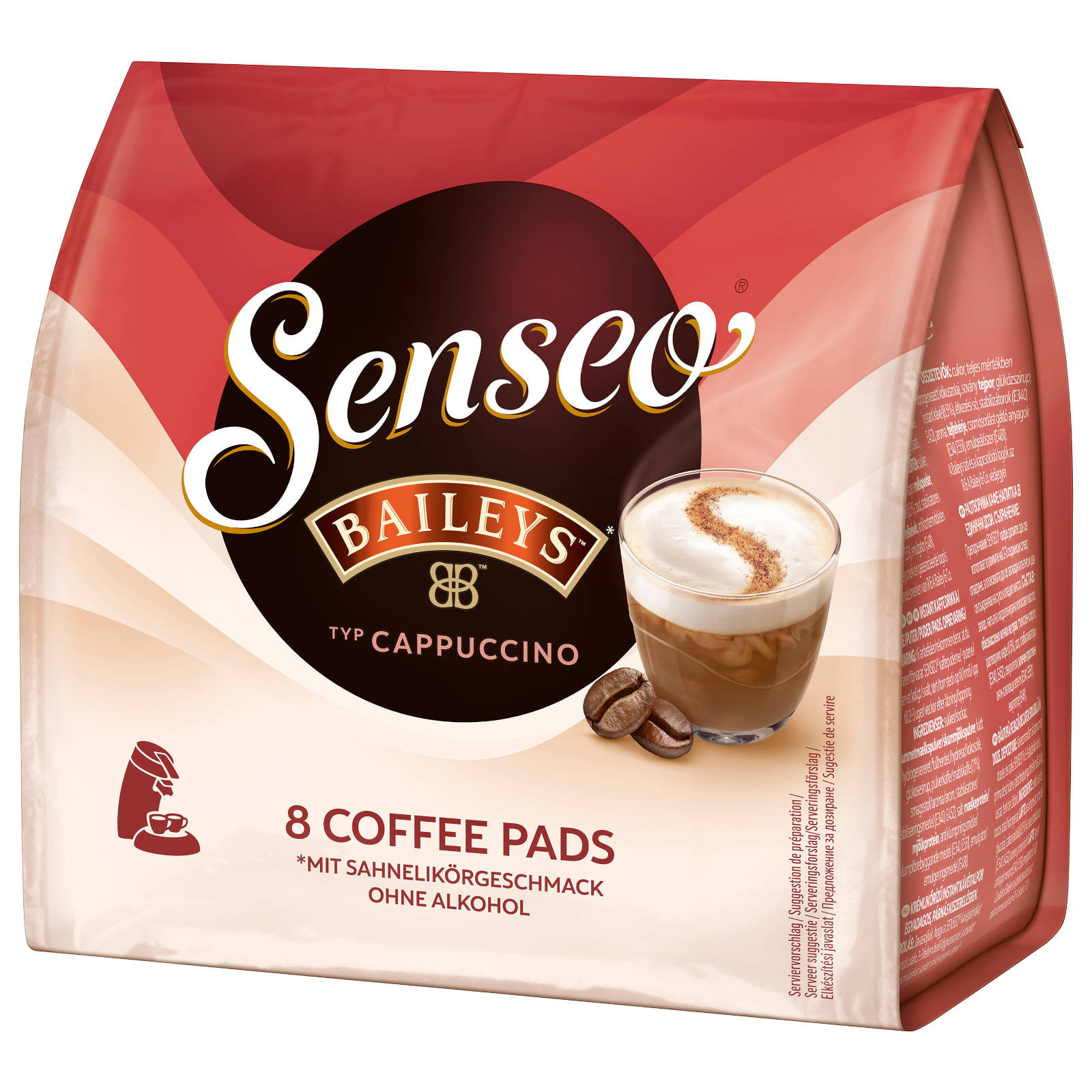 Packung Senseo Bailey's Cappuccino Kaffeepads. Zeigt eine Kaffeetasse und Kaffeebohnen.