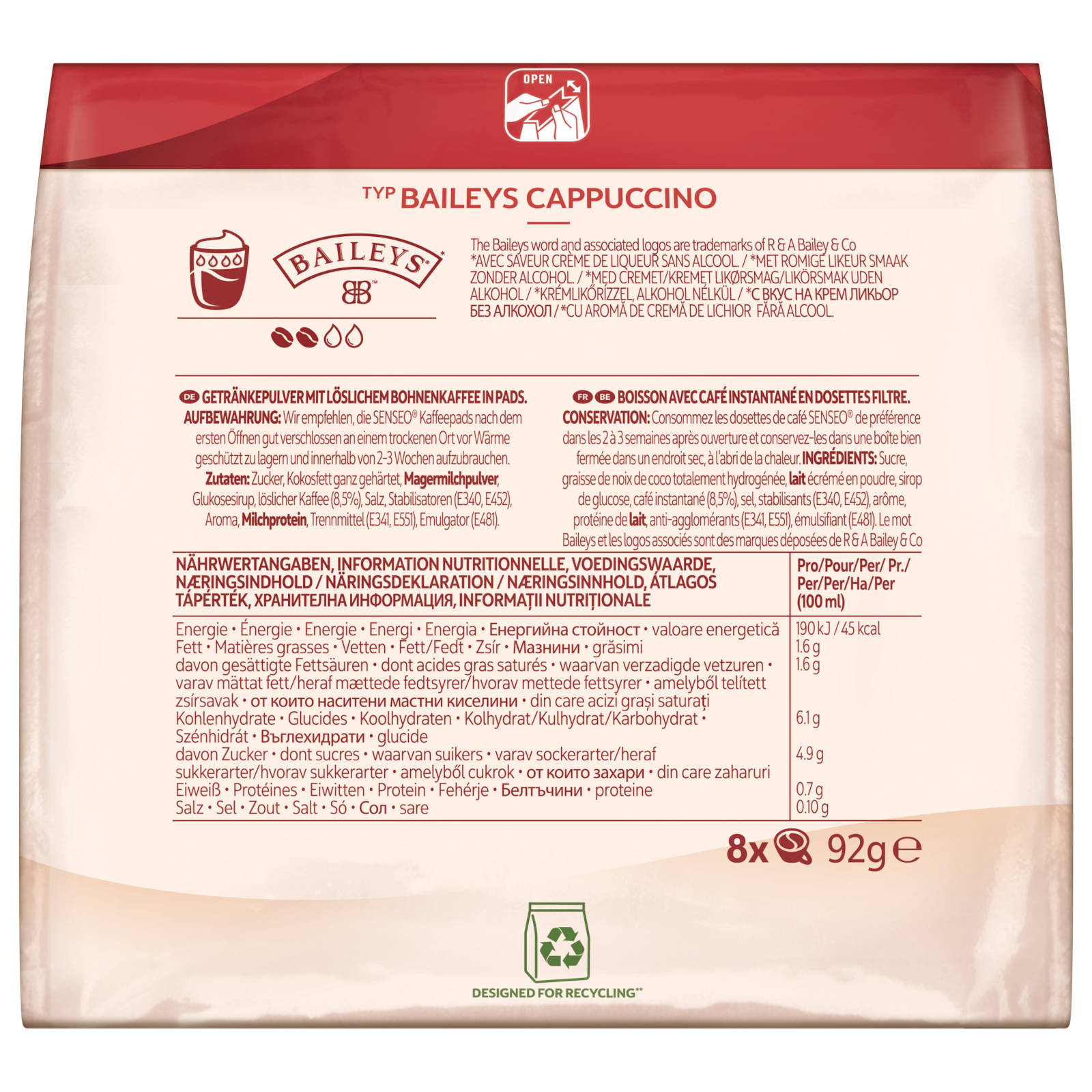 Verpackung von Baileys Cappuccino mit Text, Nährwertangaben und einem Recycling-Symbol.