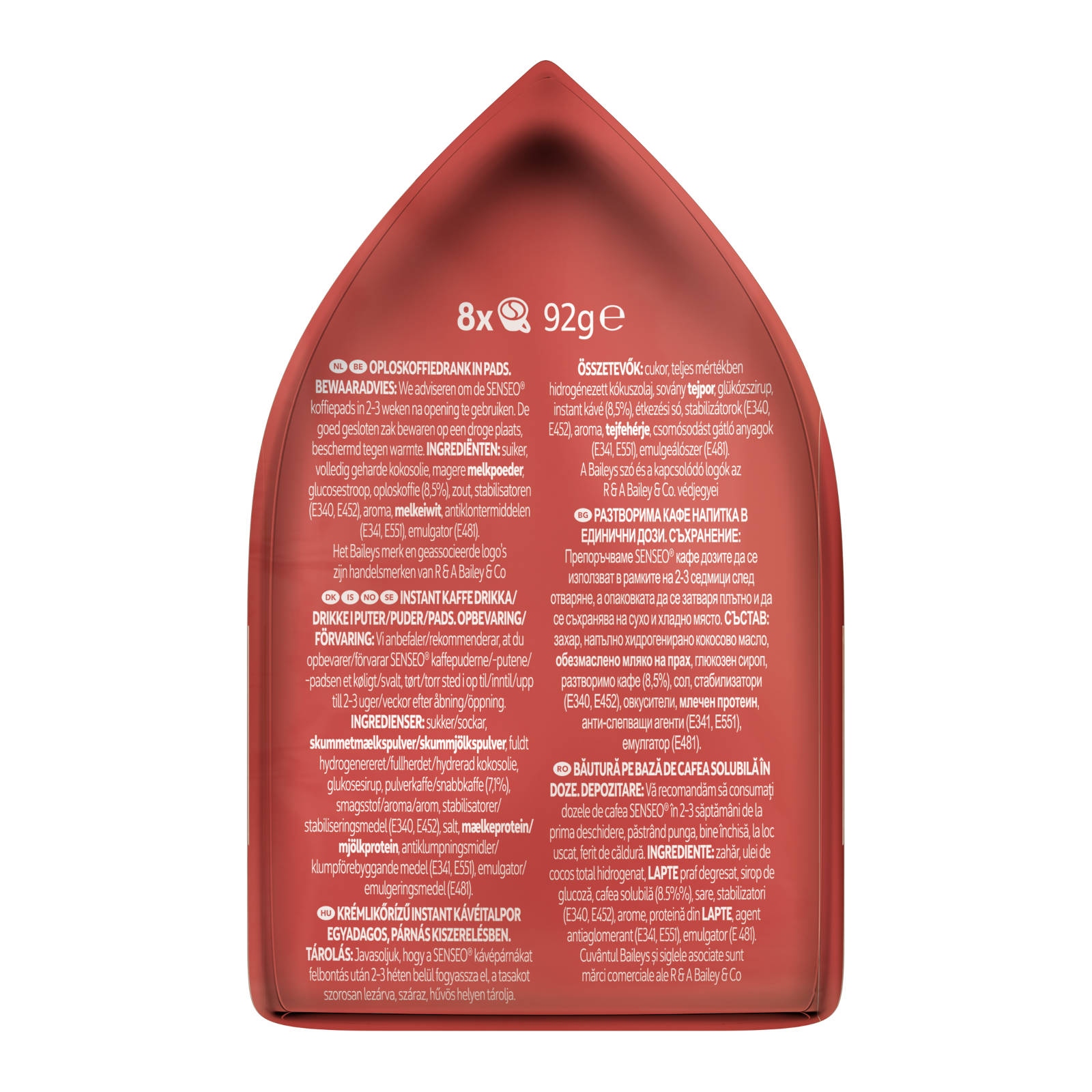 Kaffeepads-Verpackung mit Text in mehreren Sprachen. Weißer Hintergrund.