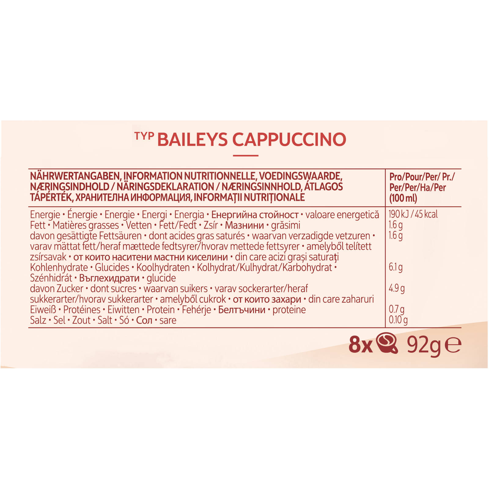 Nährwertangaben für Baileys Cappuccino. Text in mehreren Sprachen mit Energie- und Fettangaben.